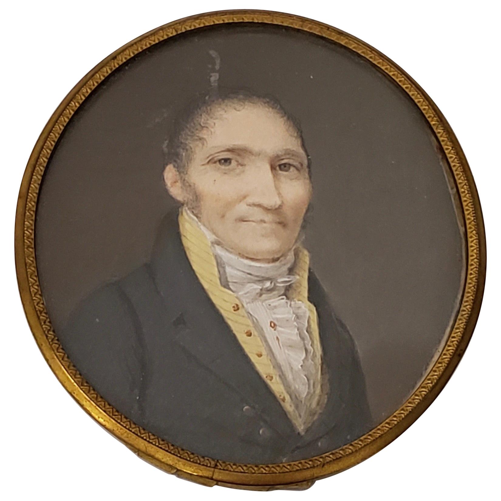 19th Century Portrait Miniature of a Man with a Yellow V-Neck Collar