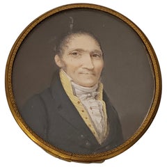 Antique 19th Century Portrait Miniature of a Man with a Yellow V-Neck Collar