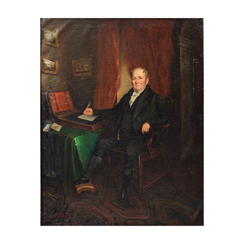 19th century, Lombard school 

Portrait of a Gentleman

Oil on canvas, 92 x 71 cm

With frame 107 x 87 cm

The elegant portrait in question depicts a carefully dressed gentleman, caught in his daily domestic life, sitting next to a small