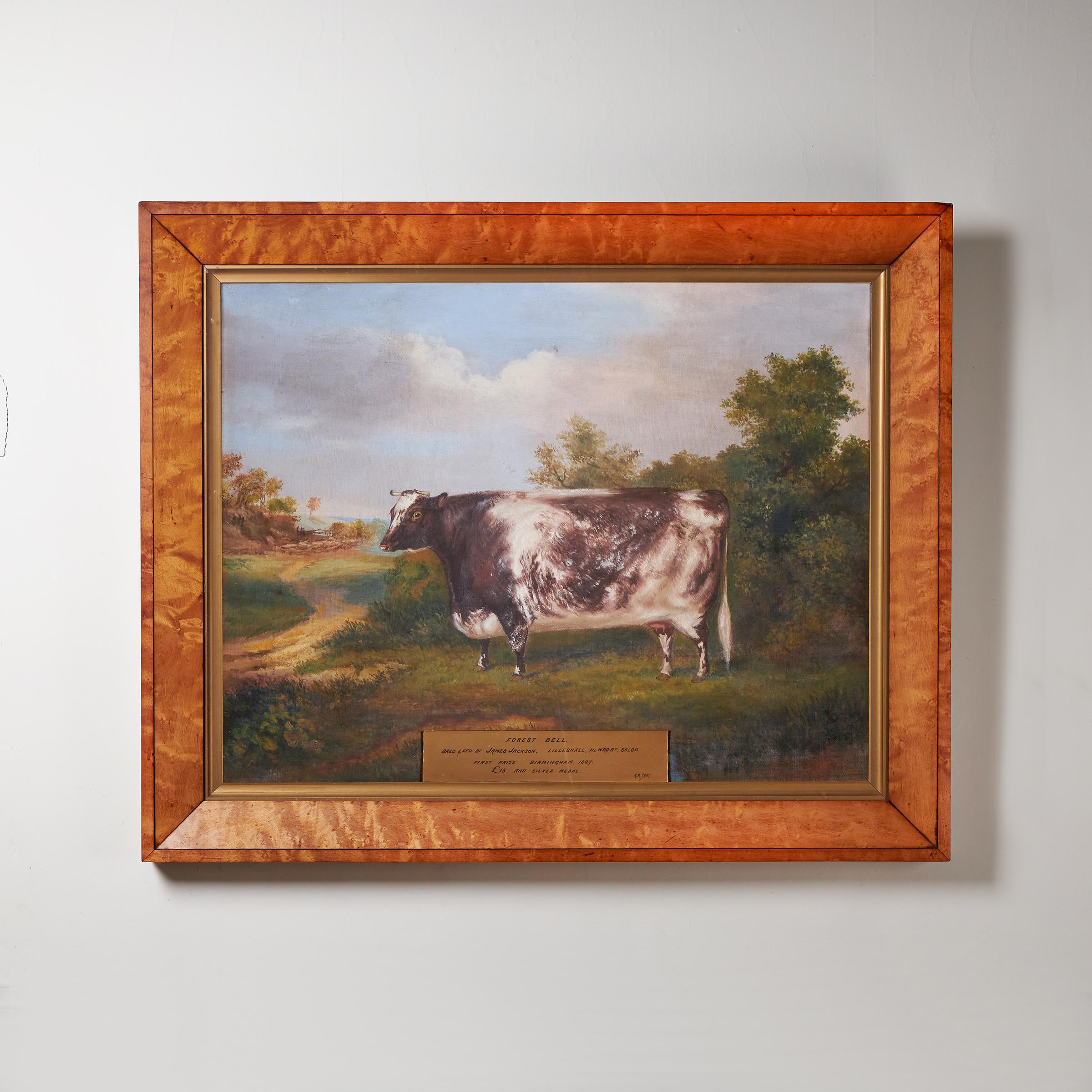 A charming 19th Century portrait of a prize cow - “Forest Bell”.

A 19th century portrait of a prize winning cow in a landscape setting - “Forest Bell” attributed to A M Gauci.  A plaque at the bottom of the frame reads “Forest Bell Bred and fed by