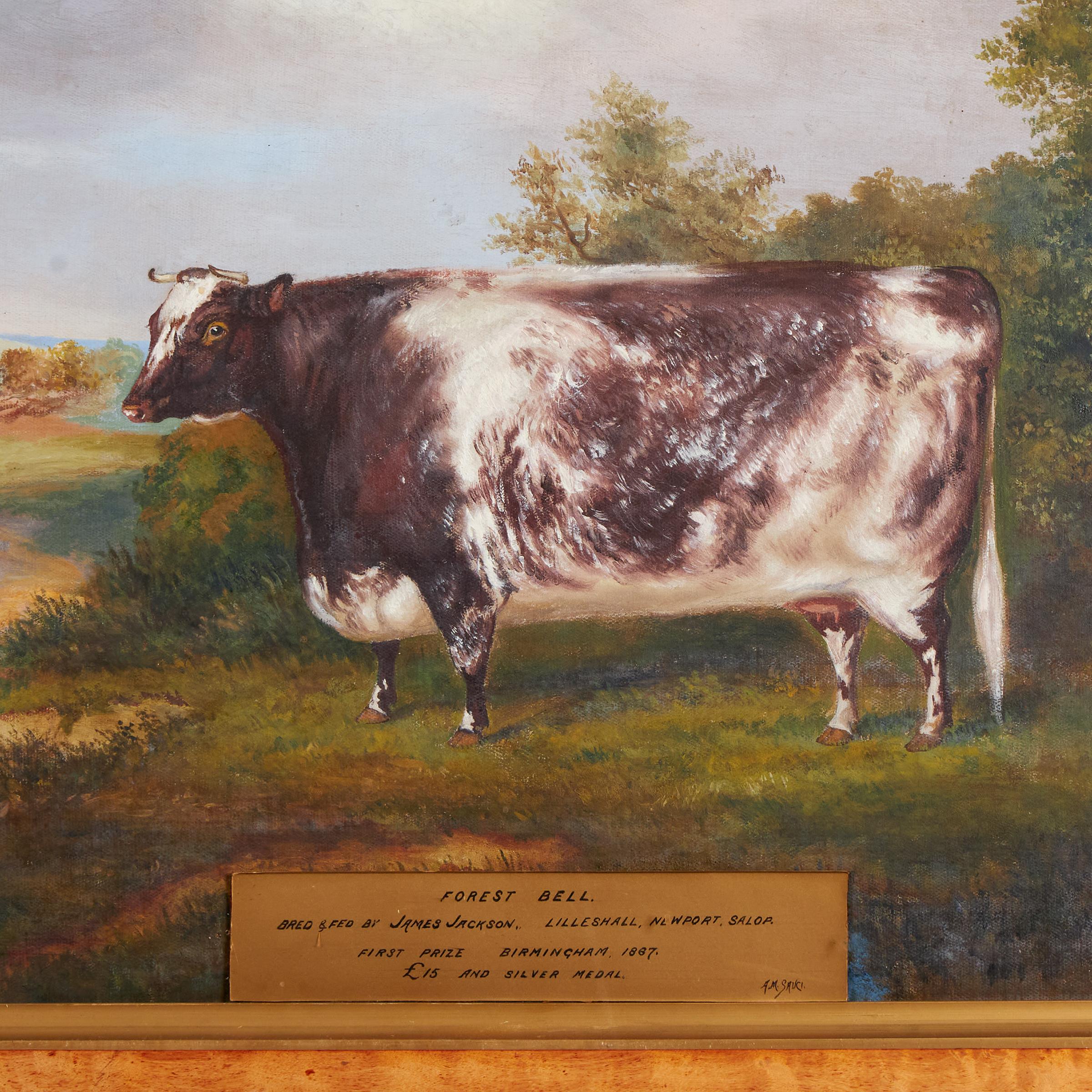 British 19th Century Portrait of a Prize Winning Cow in a Landscape Scene, Forest Bel For Sale