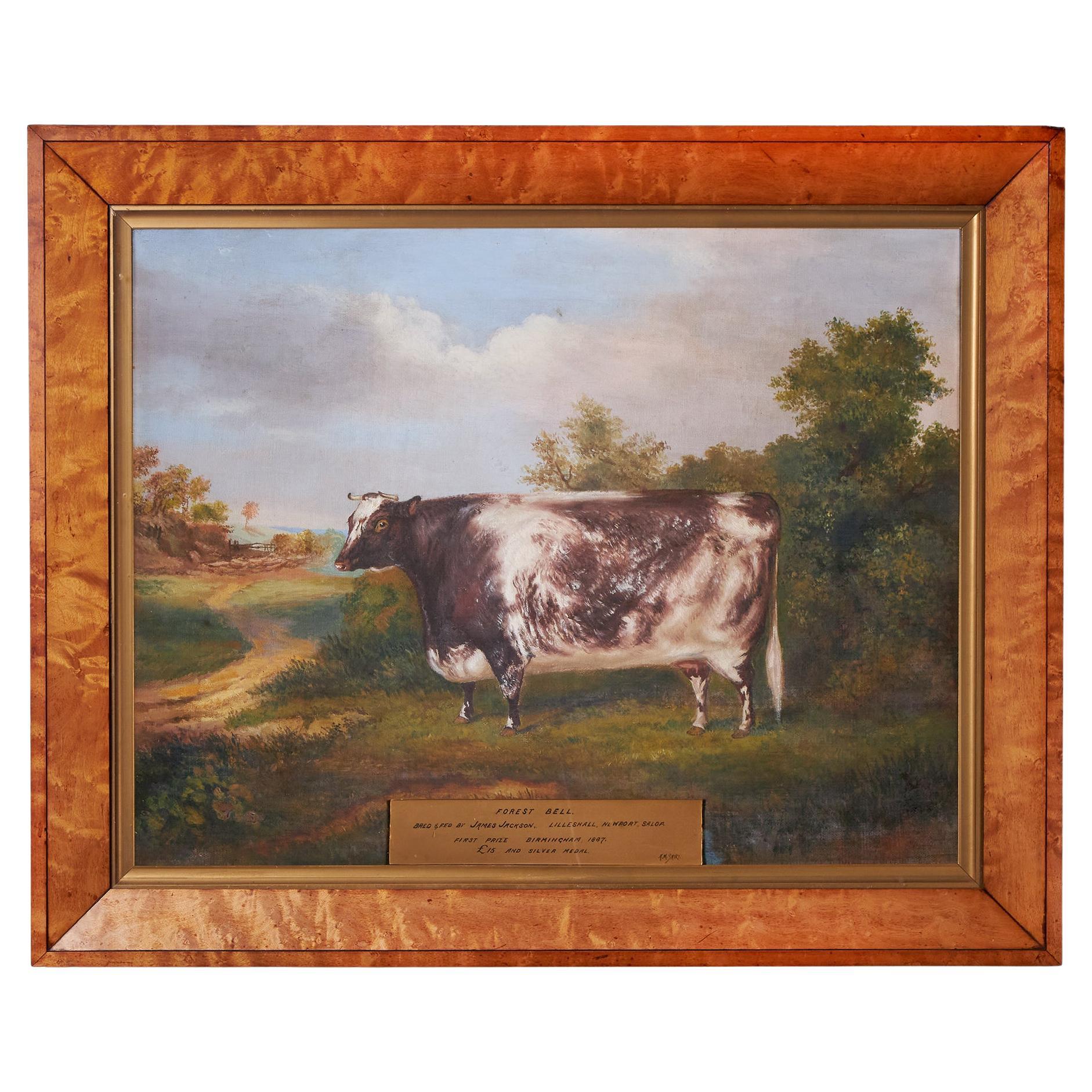 19th Century Portrait of a Prize Winning Cow in a Landscape Scene, Forest Bel For Sale