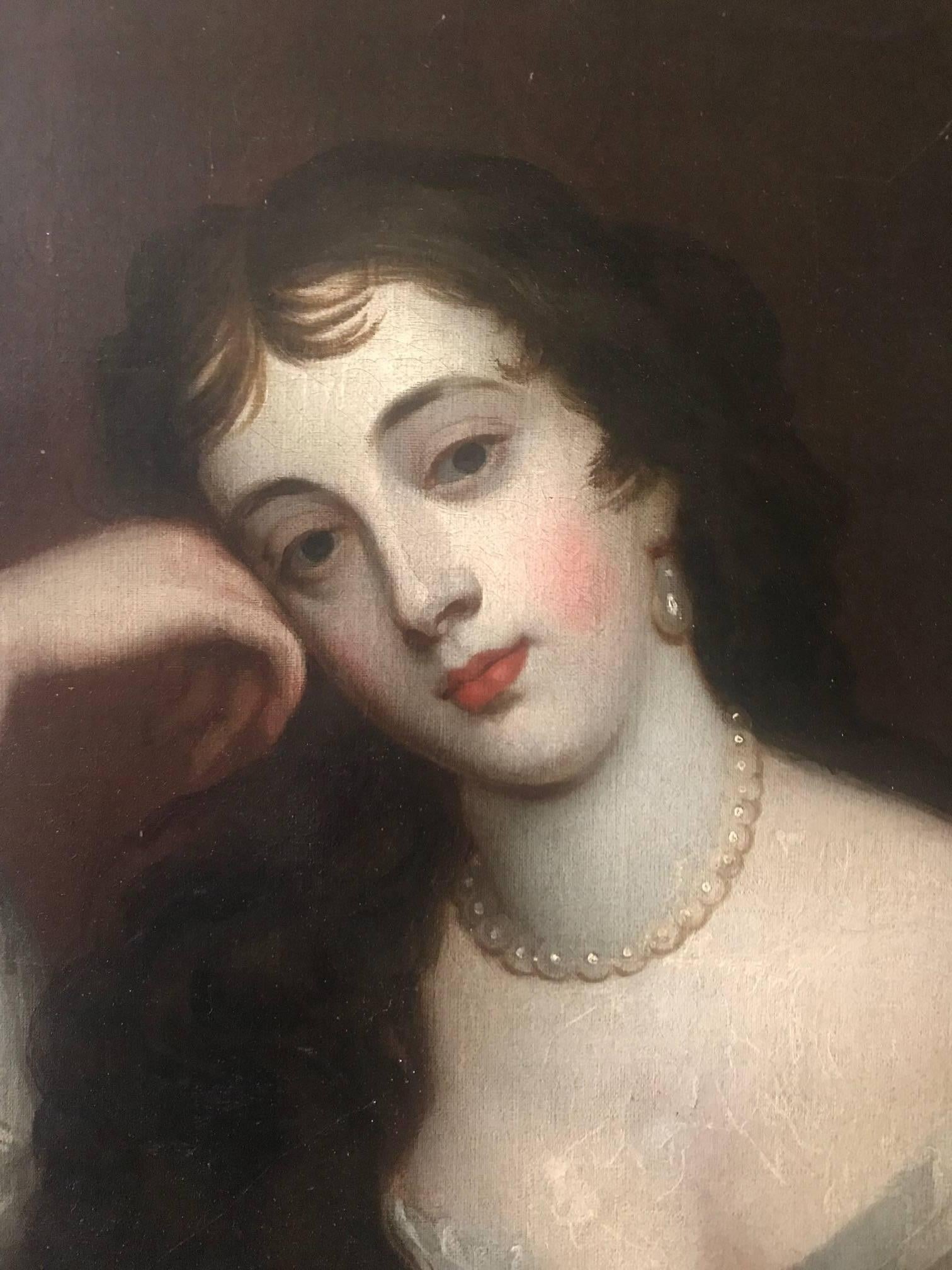 19th century portrait of a young lady. Conceived at the school of Peter Lely. Depicting a beautiful young woman. Seated and gently resting her head on her hand, deep in contemplation.