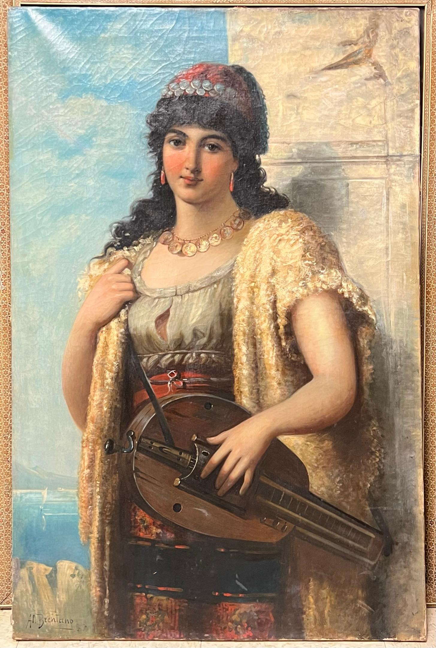 Antico (XIX secolo) dipinto a olio su tela di Anton Brentano (1840-1888) che raffigura una bella donna gitana.