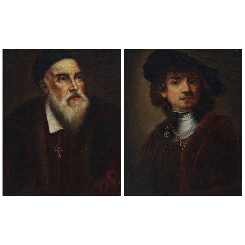 19th century 

Portrait of Tiziano Vecellio and Rembrandt

Measures: (2) Oil on canvas, 25 x 18.5 cm

Frame 46 x 37 cm

The two portraits depicting the artists Tiziano Vecellio and Rembrandt are to be counted among the reproductions of those
