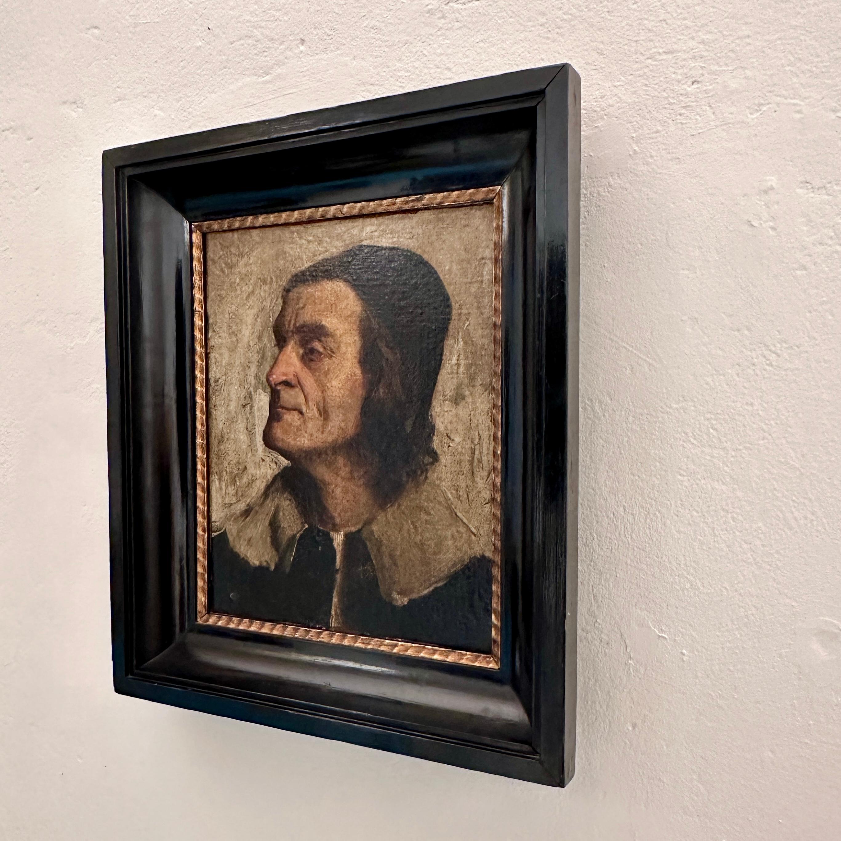 Dieses schöne Porträt-Ölgemälde des 19. Jahrhunderts von Giuliano de Medici in einem großen schwarzen Rahmen wurde 1885 gemalt.
Die Leinwand wurde irgendwann zugeschnitten und auf eine Hartfaserplatte geklebt.
Ein einzigartiges Stück, das ein toller