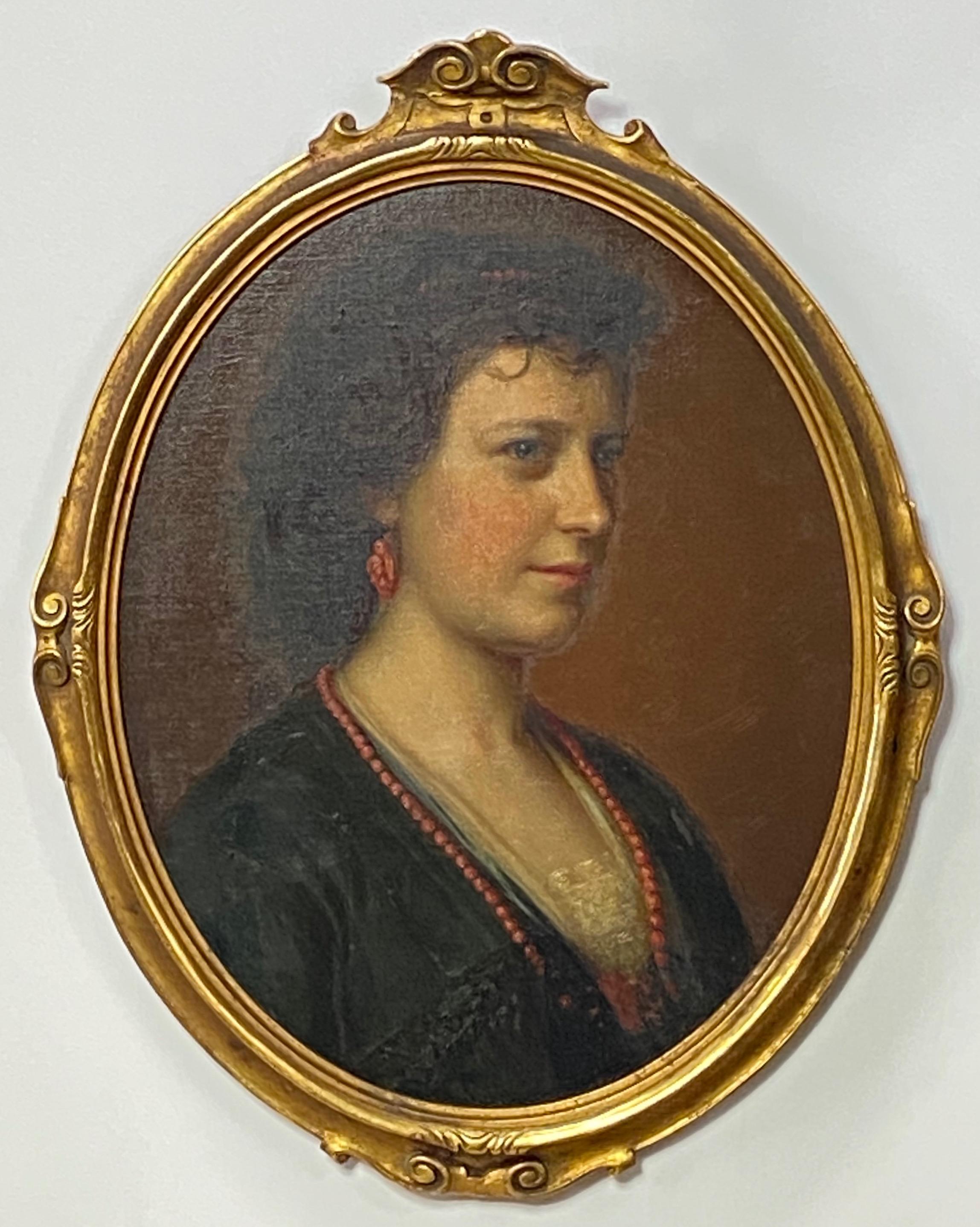 Beautifully painted portrait of an attractive young woman in gilt oval frame.
Oil on canvas applied down on artist board. Unsigned.
English or American
Possibly this was originally a square painting cut down to fit in this frame.
