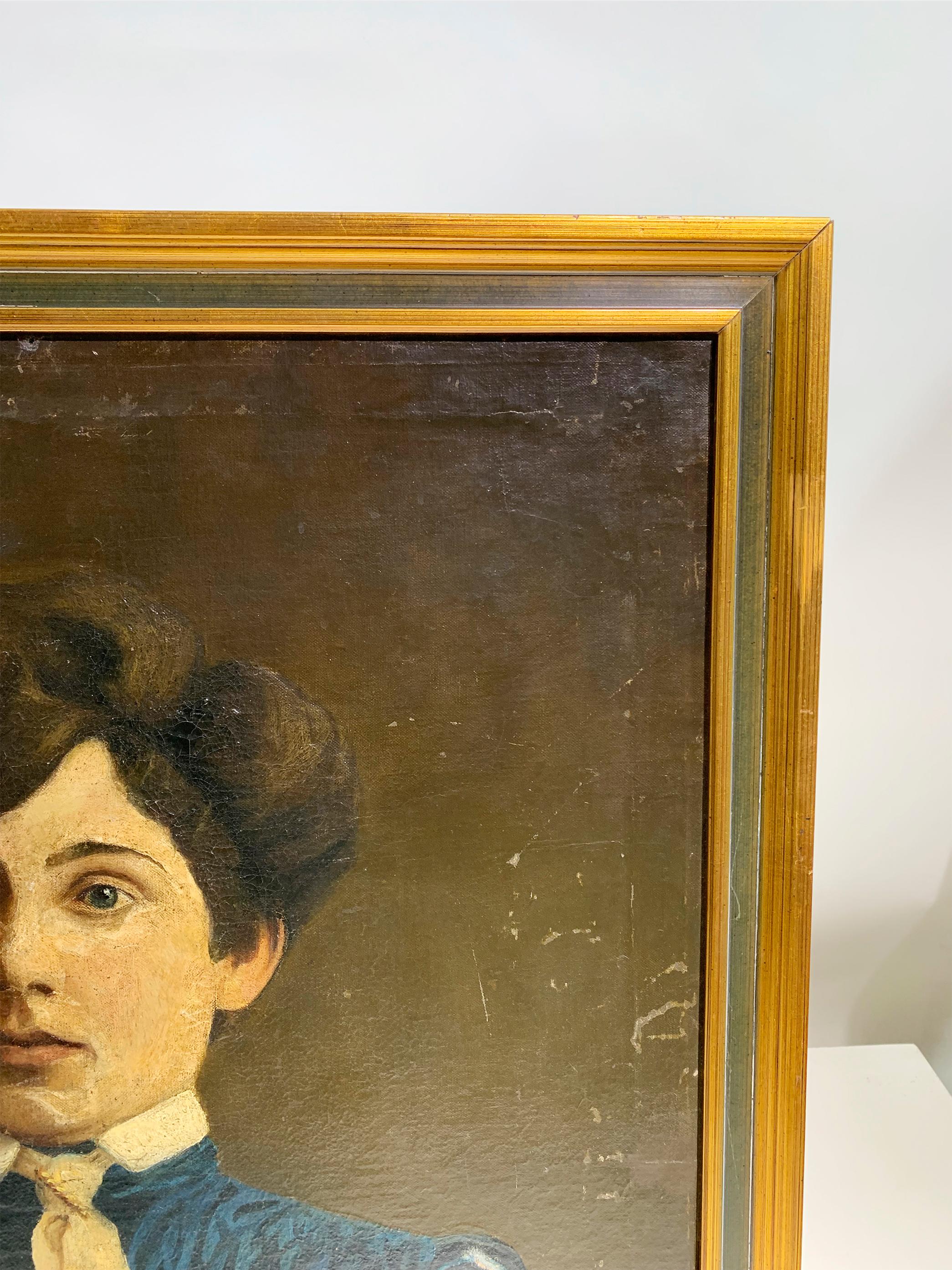 Art nouveau Portrait encadré en bois du 19ème siècle / Huile sur toile en vente