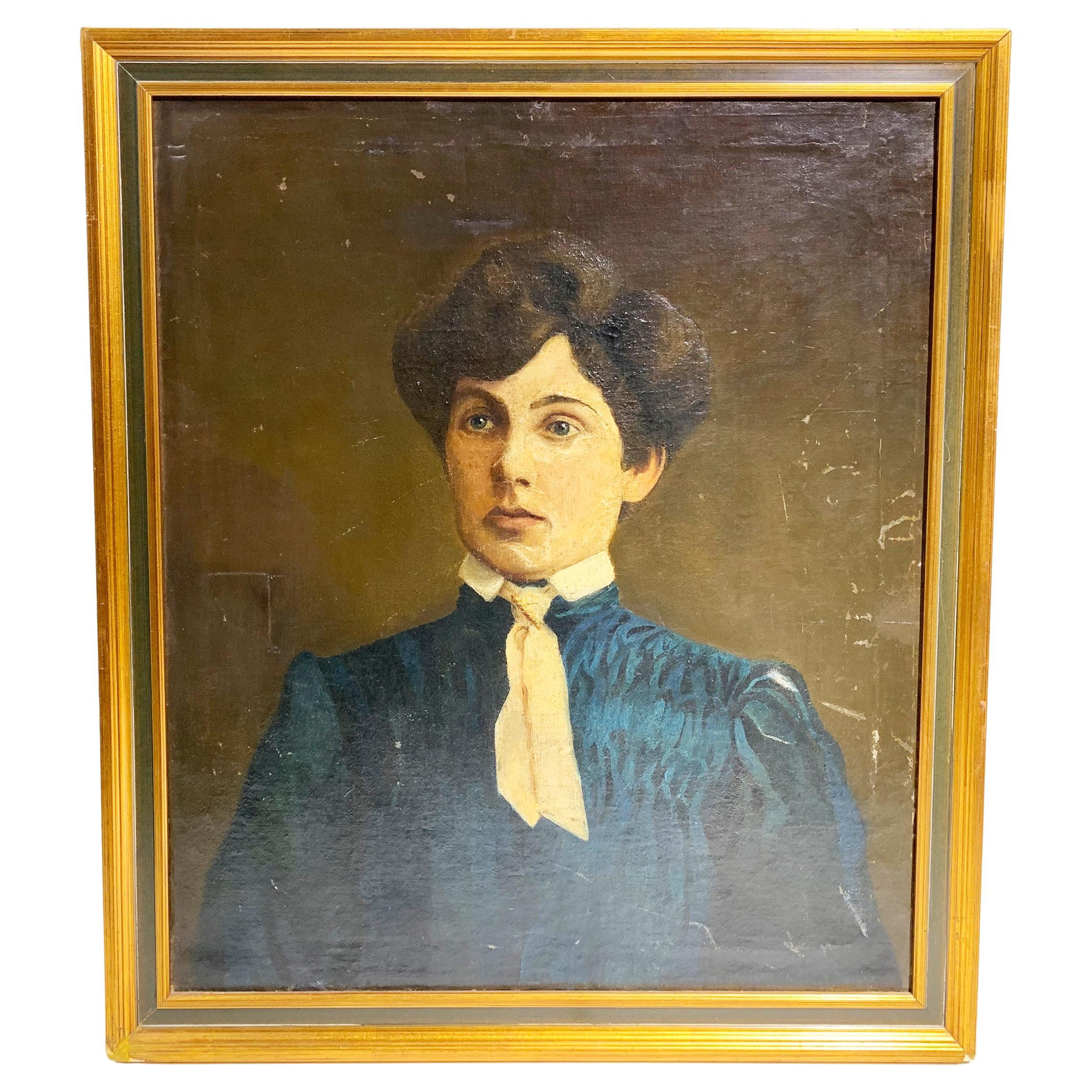 Portrait encadré en bois du 19ème siècle / Huile sur toile en vente