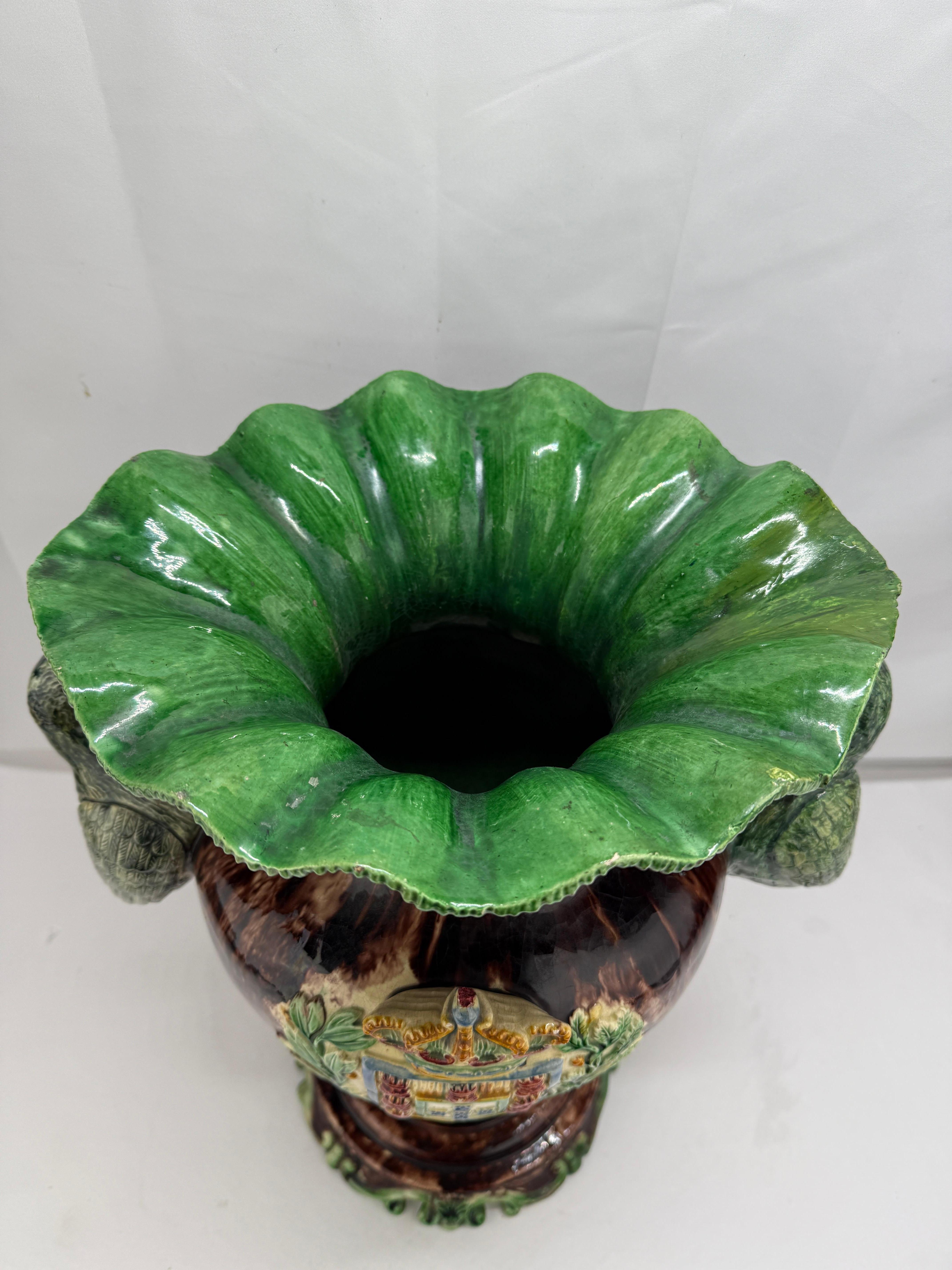 19th Century, Portugese Palissy Majolica Heraldry Vase w/ Crane Handles 4