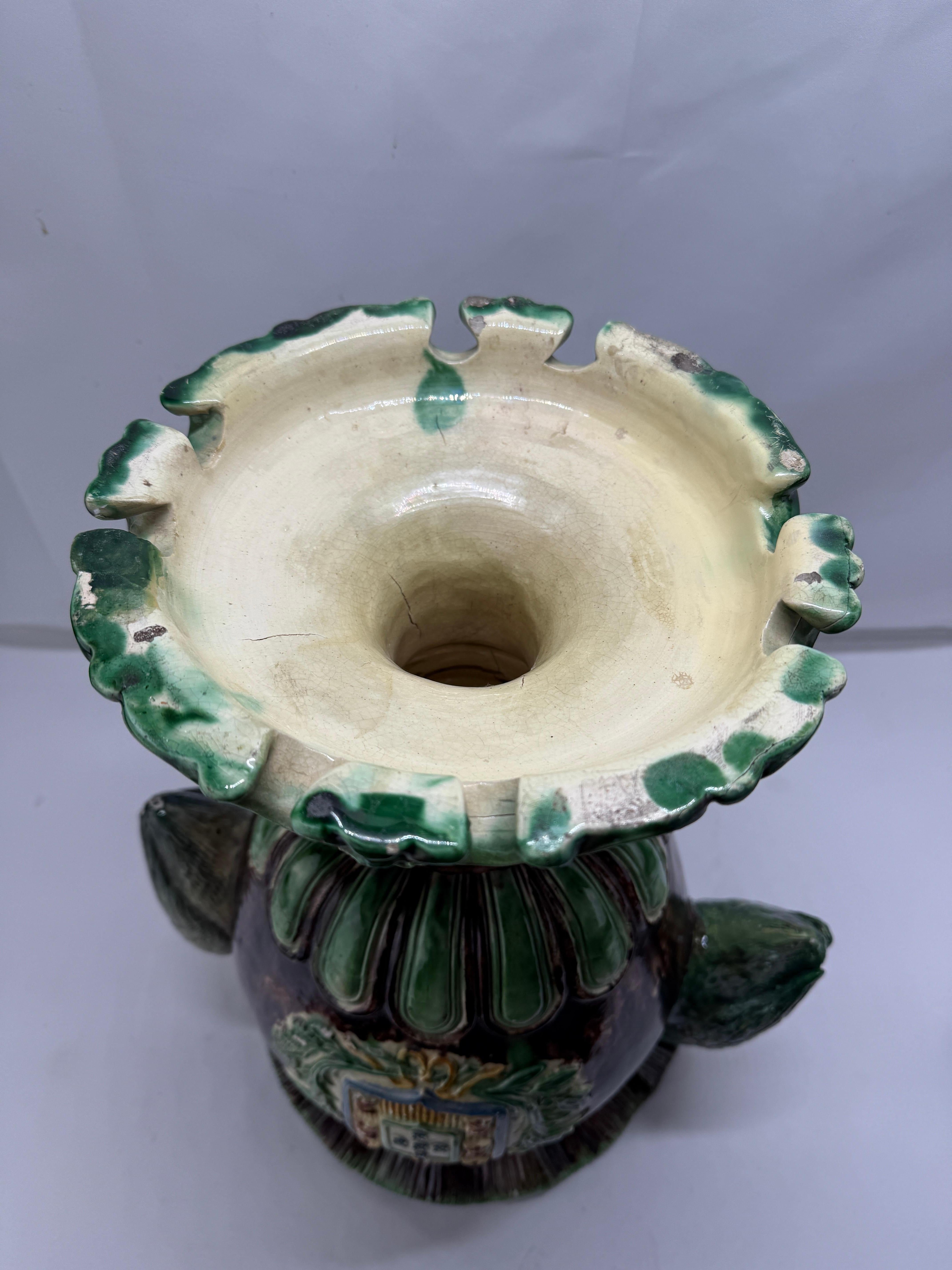 19th Century, Portugese Palissy Majolica Heraldry Vase w/ Crane Handles 5