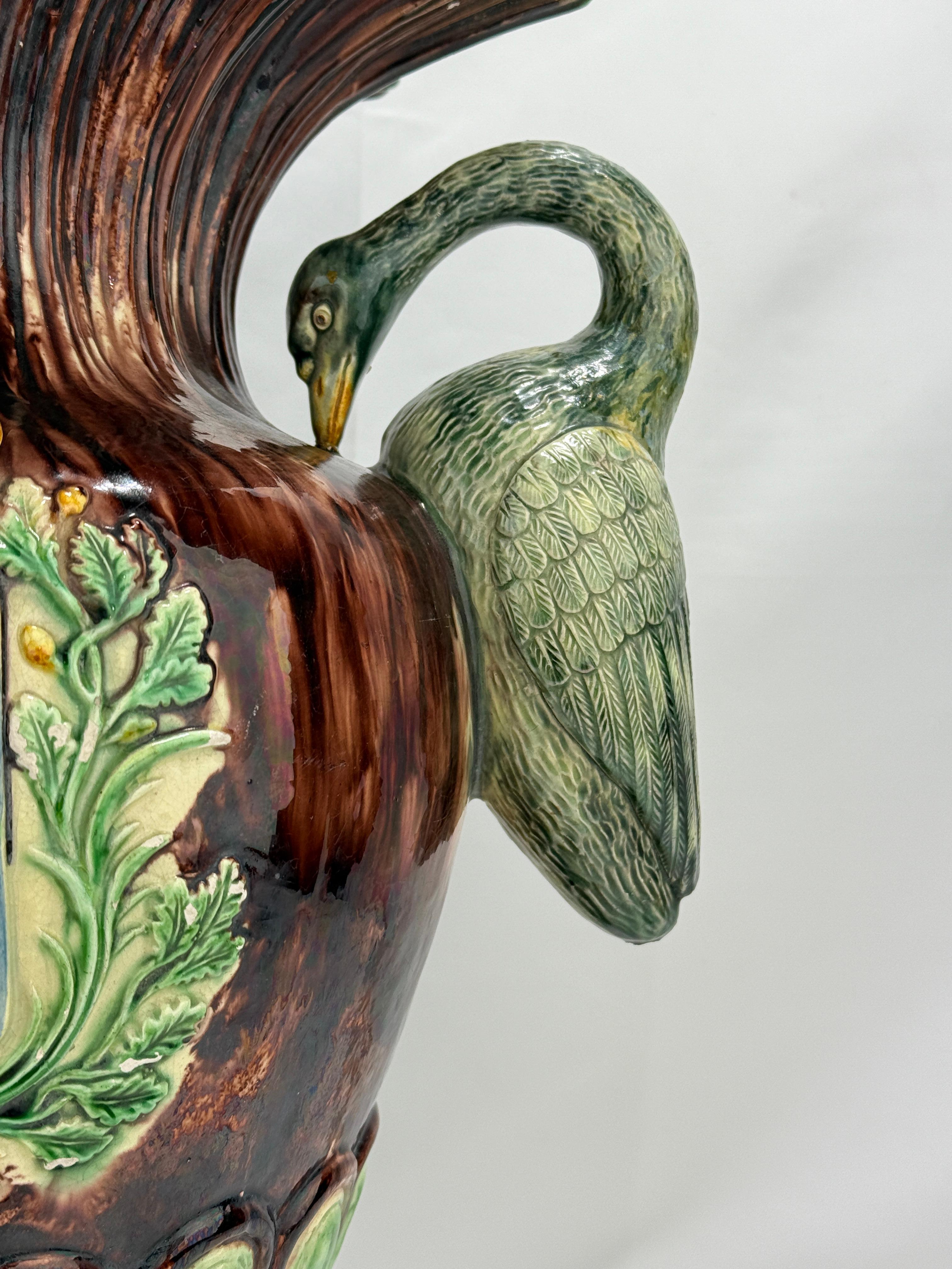 Arts and Crafts 19th Century, Portugese Palissy Majolica Heraldry Vase w/ Crane Handles