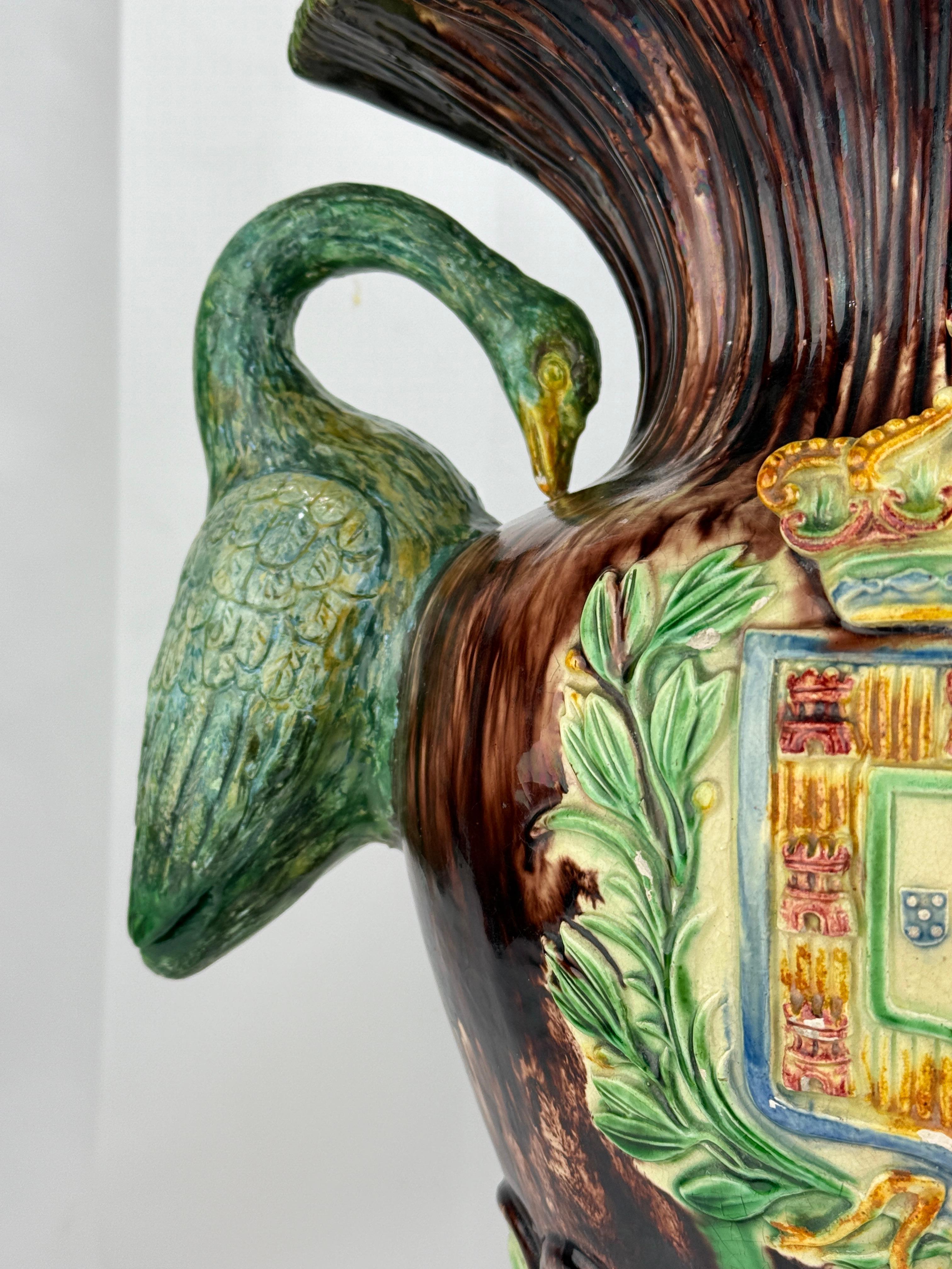 Portuguese 19th Century, Portugese Palissy Majolica Heraldry Vase w/ Crane Handles