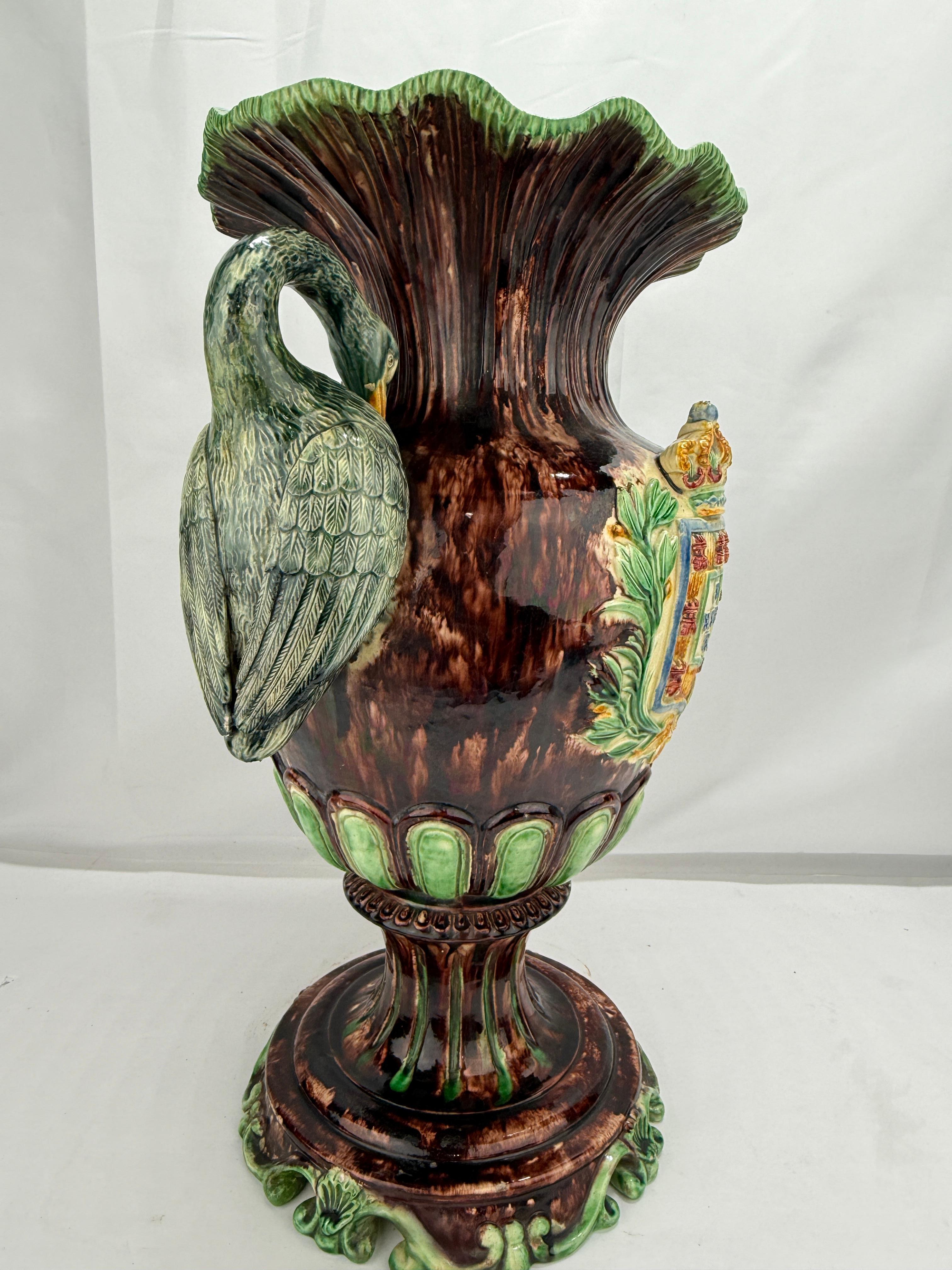 19th Century, Portugese Palissy Majolica Heraldry Vase w/ Crane Handles 1