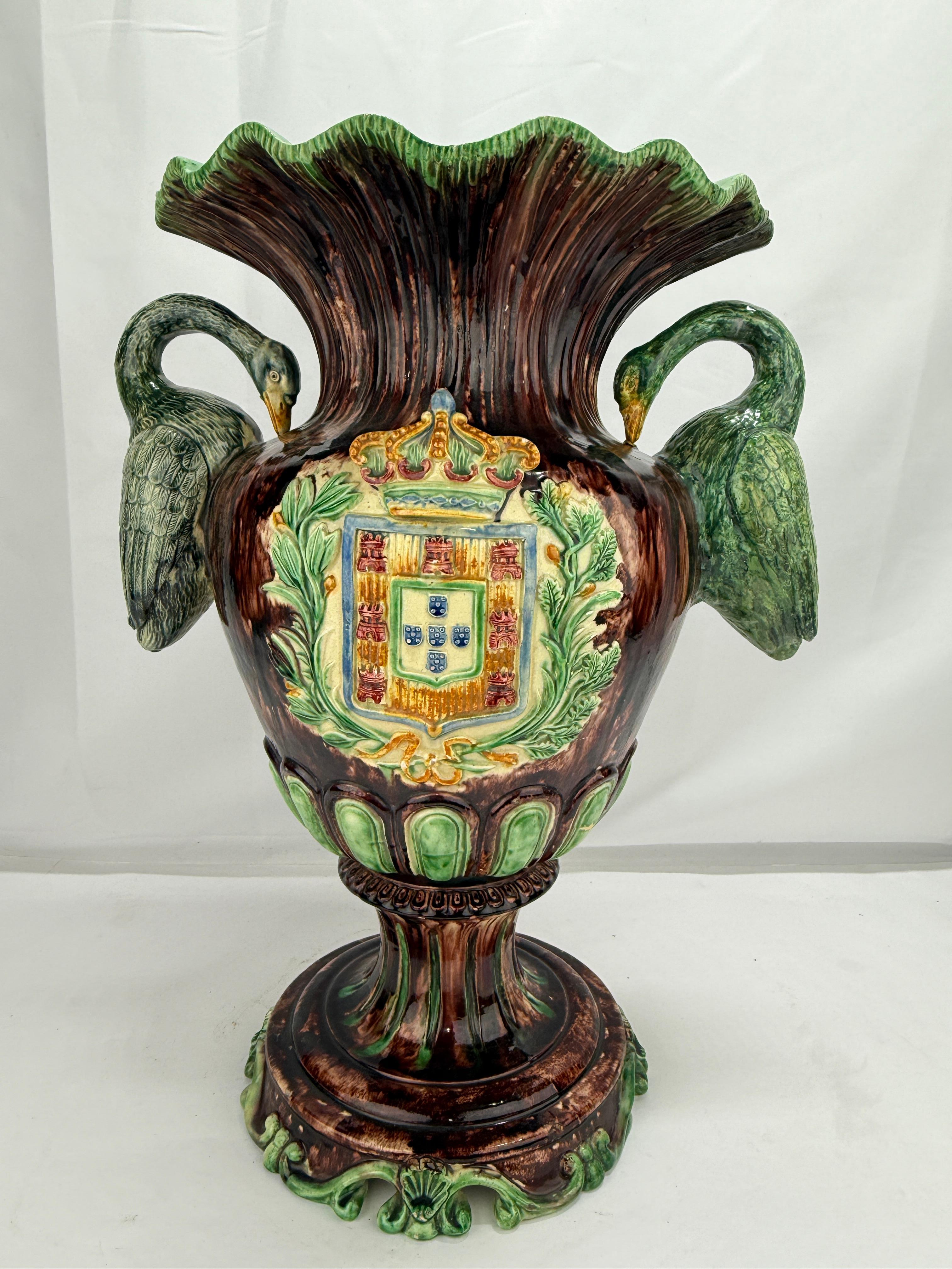 19th Century, Portugese Palissy Majolica Heraldry Vase w/ Crane Handles 2
