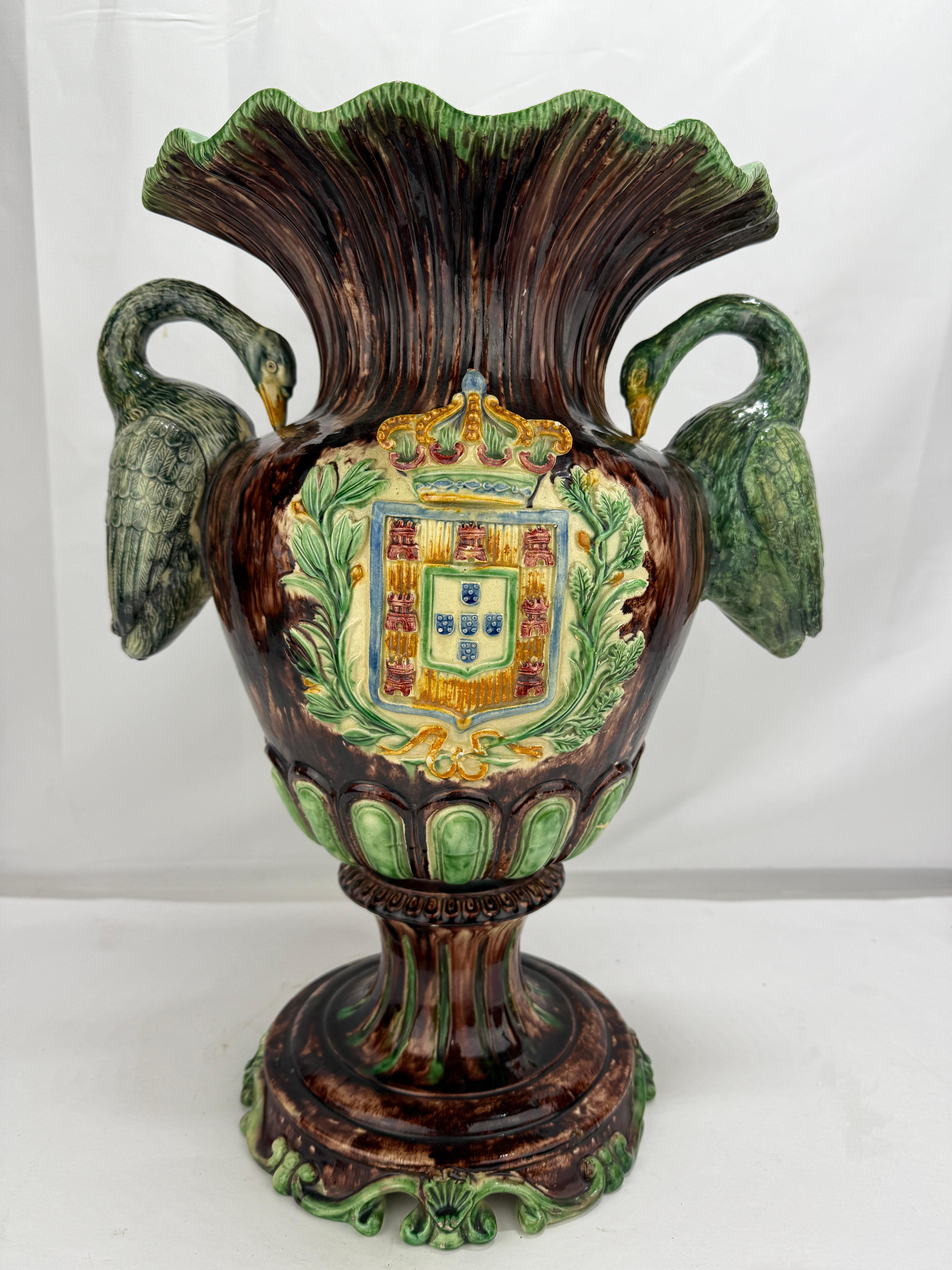 19th Century, Portugese Palissy Majolica Heraldry Vase w/ Crane Handles 3