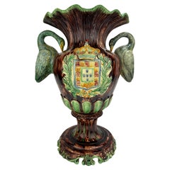 19th Century, Portugese Palissy Majolica Heraldry Vase w/ Crane Handles