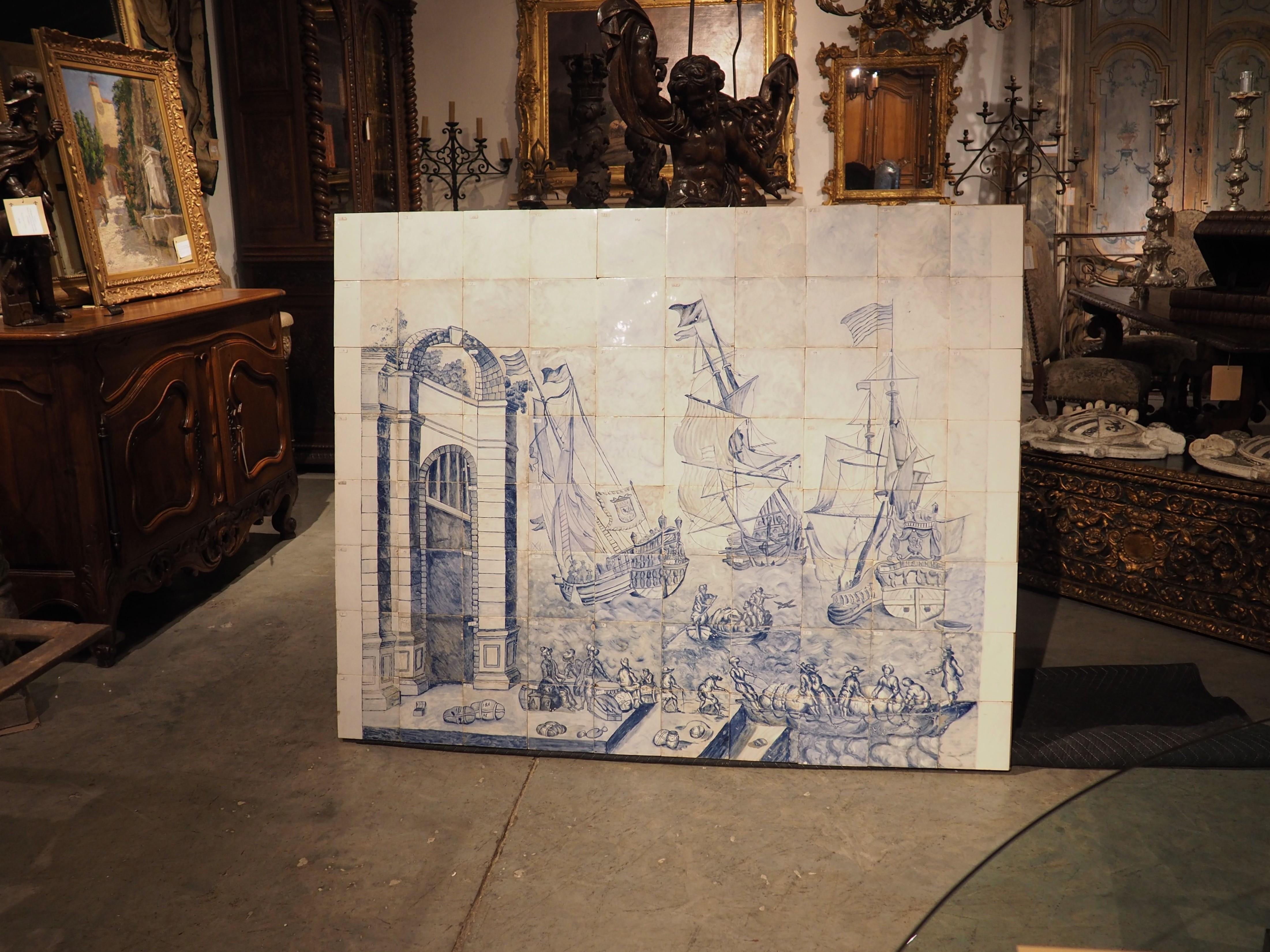 Hand-Painted 19th Century Portuguese Blue and White Azulejo Port Scene Mural