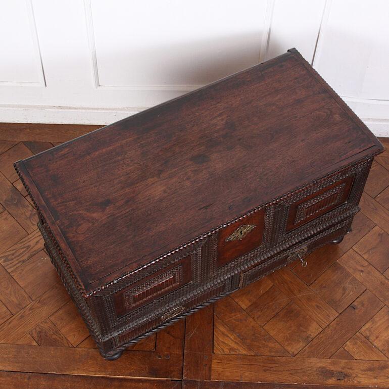 Dutch Colonial 19th Century Portuguese Carved Hardwood Coffer Blanket Box