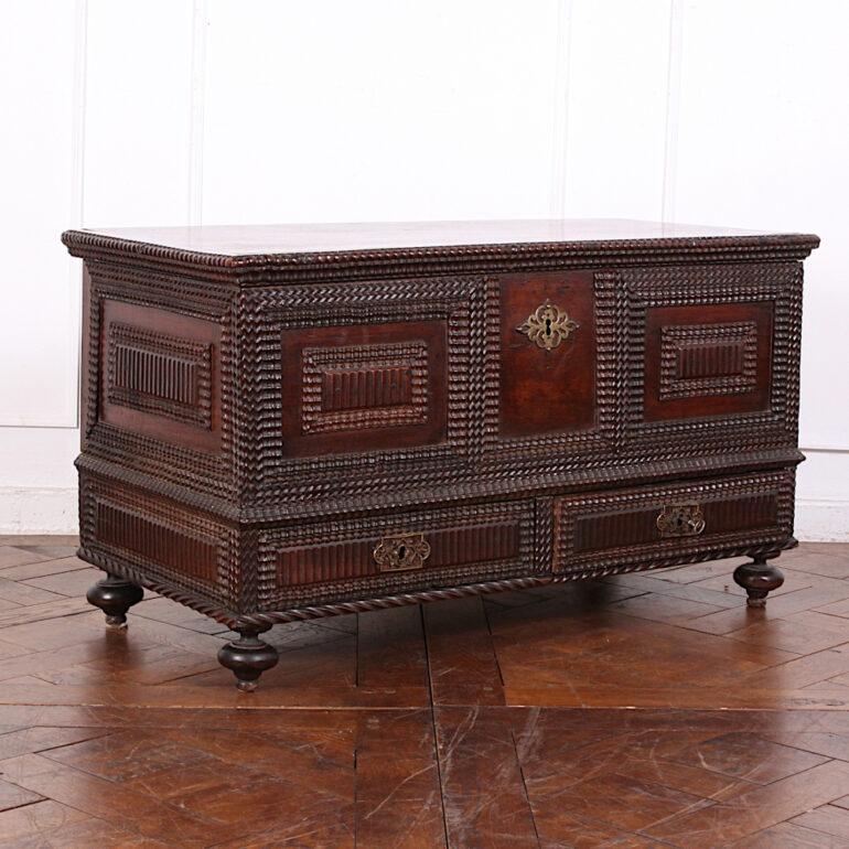 19th Century Portuguese Carved Hardwood Coffer Blanket Box 4