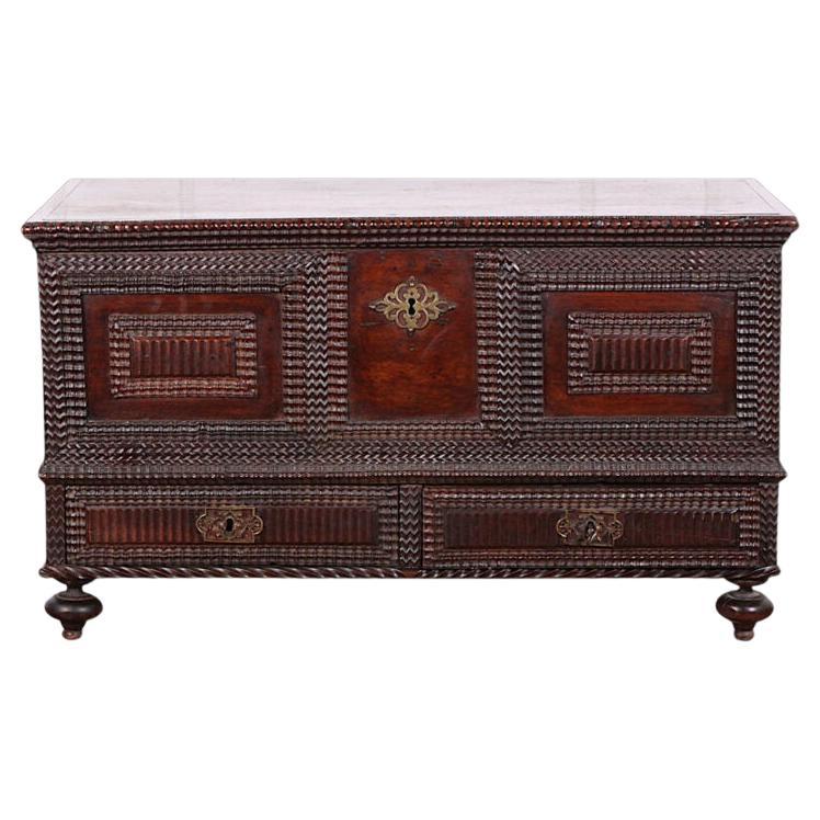 19th Century Portuguese Carved Hardwood Coffer Blanket Box