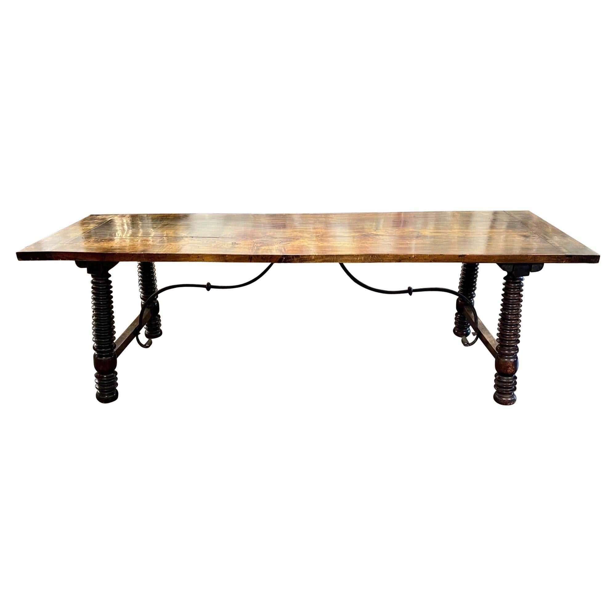 19th Century Portuguese Carved Walnut Twist Leg Trestle Table For Sale