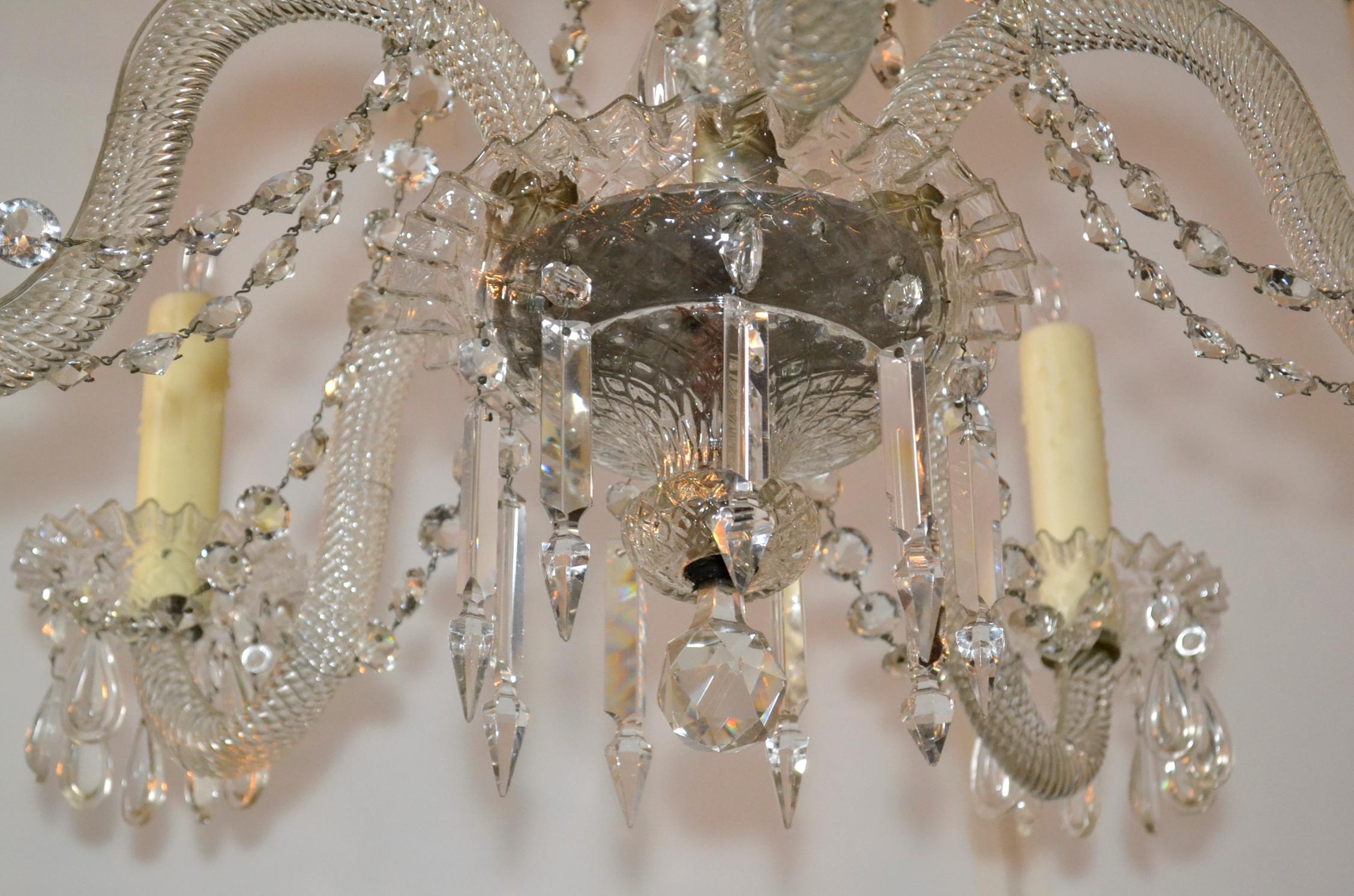 Rare 19th century fine quality baccarat style crystal and glass 5-light chandelier.  Very likely Baccarat although we do not see any marks.   Exceptional quality and detail.  Cleaned and restored and ready to hang!