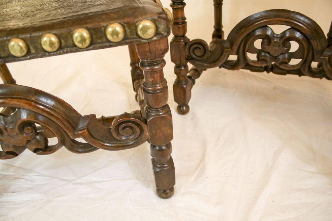 19th Century Portuguese Hand-Embossed Leather Chairs, Spanish Baroque Style In Fair Condition For Sale In Farmers Branch, TX