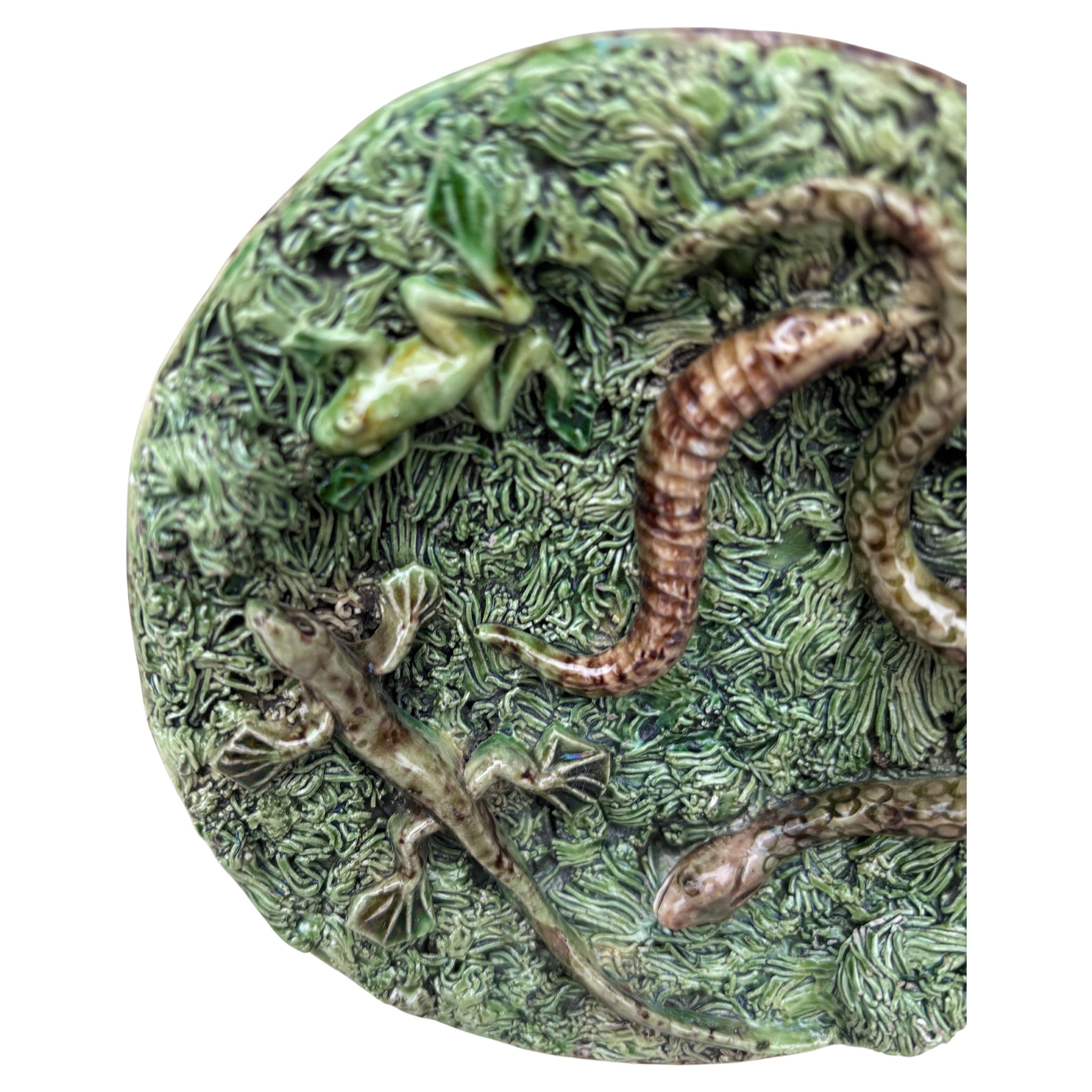 Plato lagarto de pared de palissy de mayólica portuguesa del siglo XIX De campo