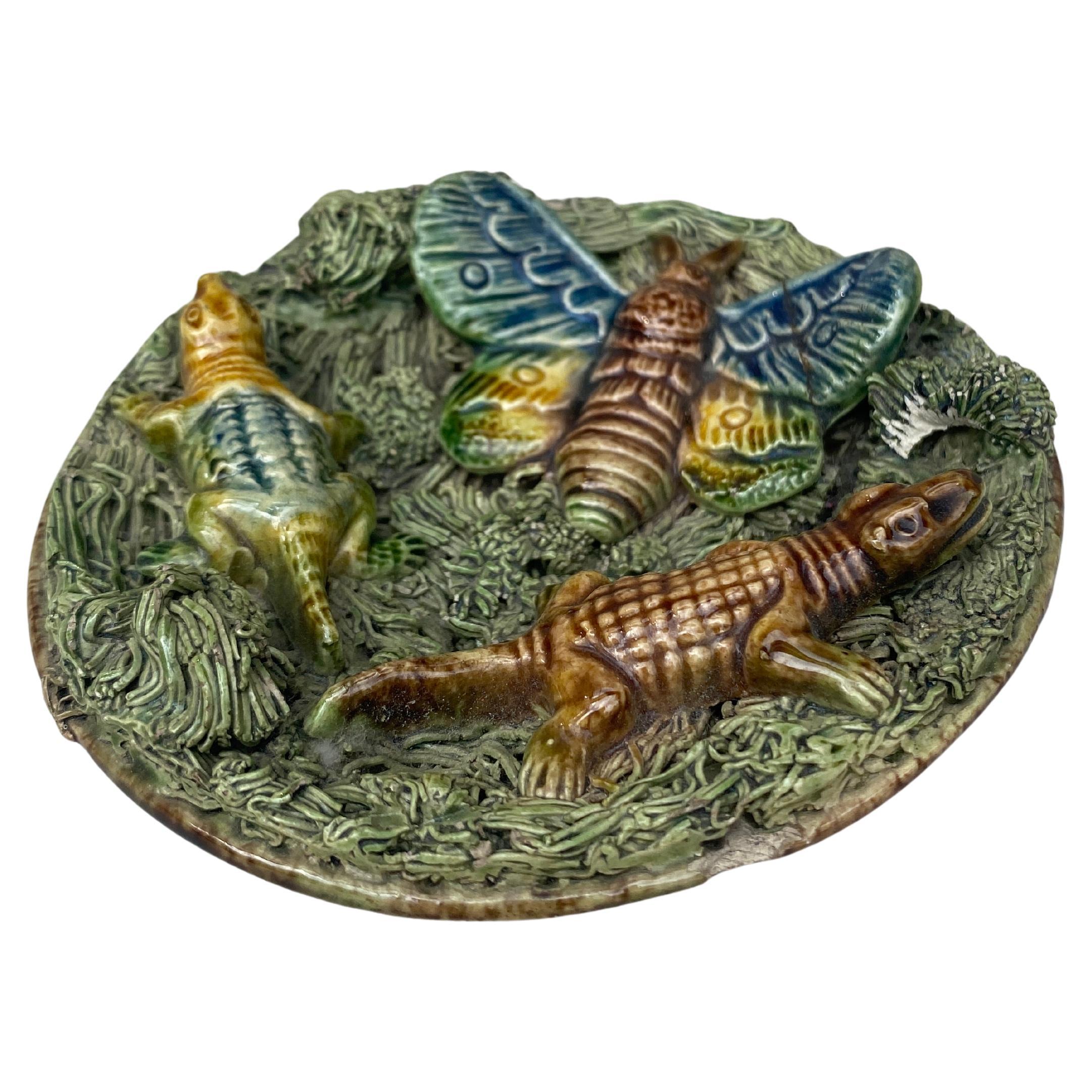 Plato lagarto de pared de palissy de mayólica portuguesa del siglo XIX De campo en venta