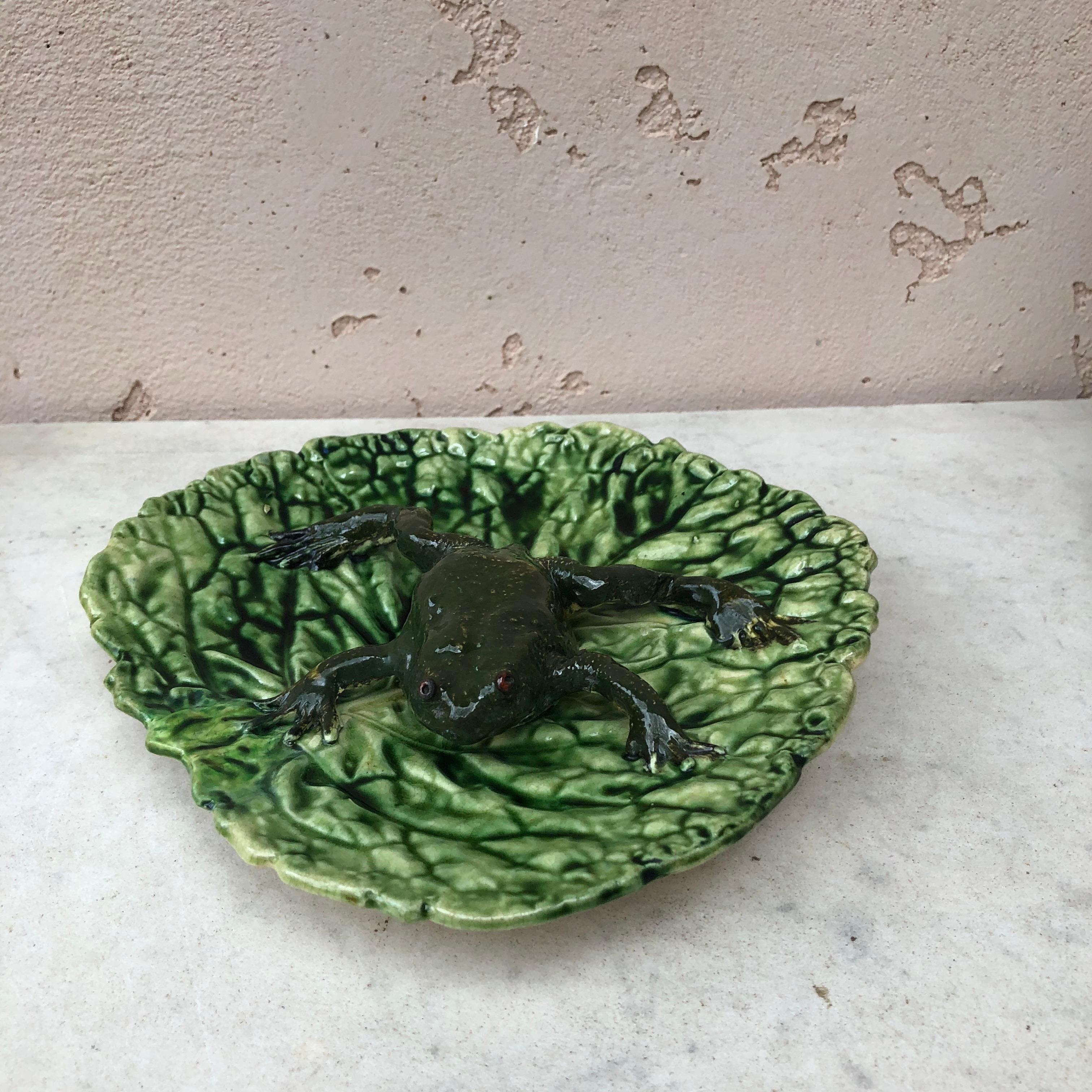 Rustic 19th Century Portuguese Majolica Palissy Wall Platter with Frog