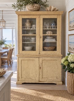 19th Century Portuguese Painted Cupboard With Glass Upper Doors, Buffet Bottom