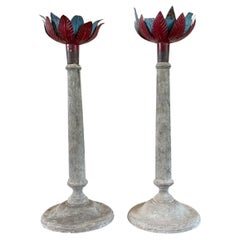 19th Century Portuguese Pair of Pinewood Candle Holders - Antique Sticks
