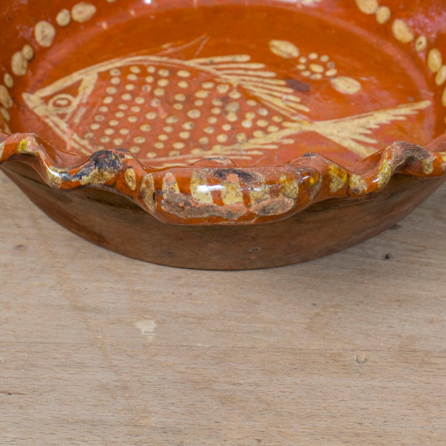 19th Century Portuguese Red Slipware Bowl with Fish Motif and Ruffled Rim For Sale 6