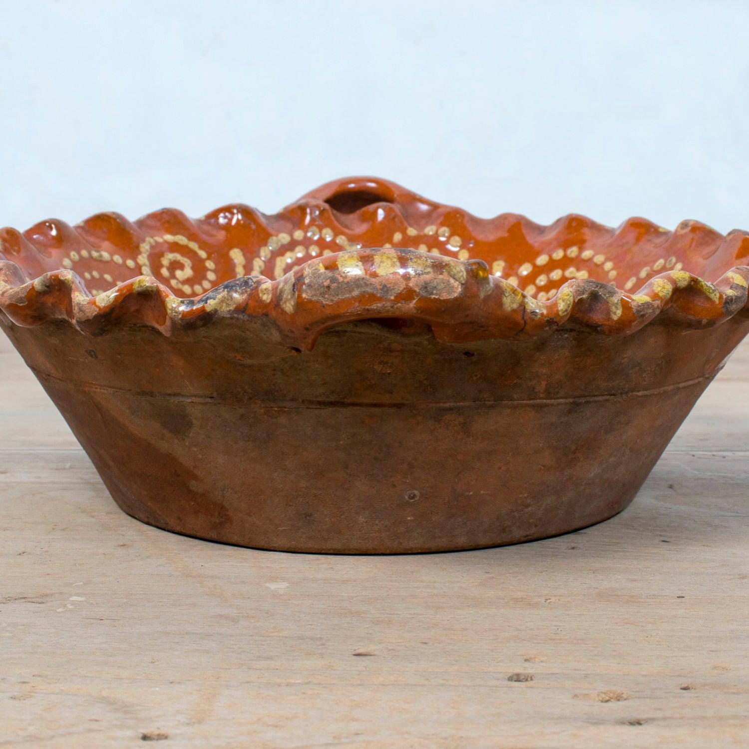 19th Century Portuguese Red Slipware Bowl with Fish Motif and Ruffled Rim For Sale 7