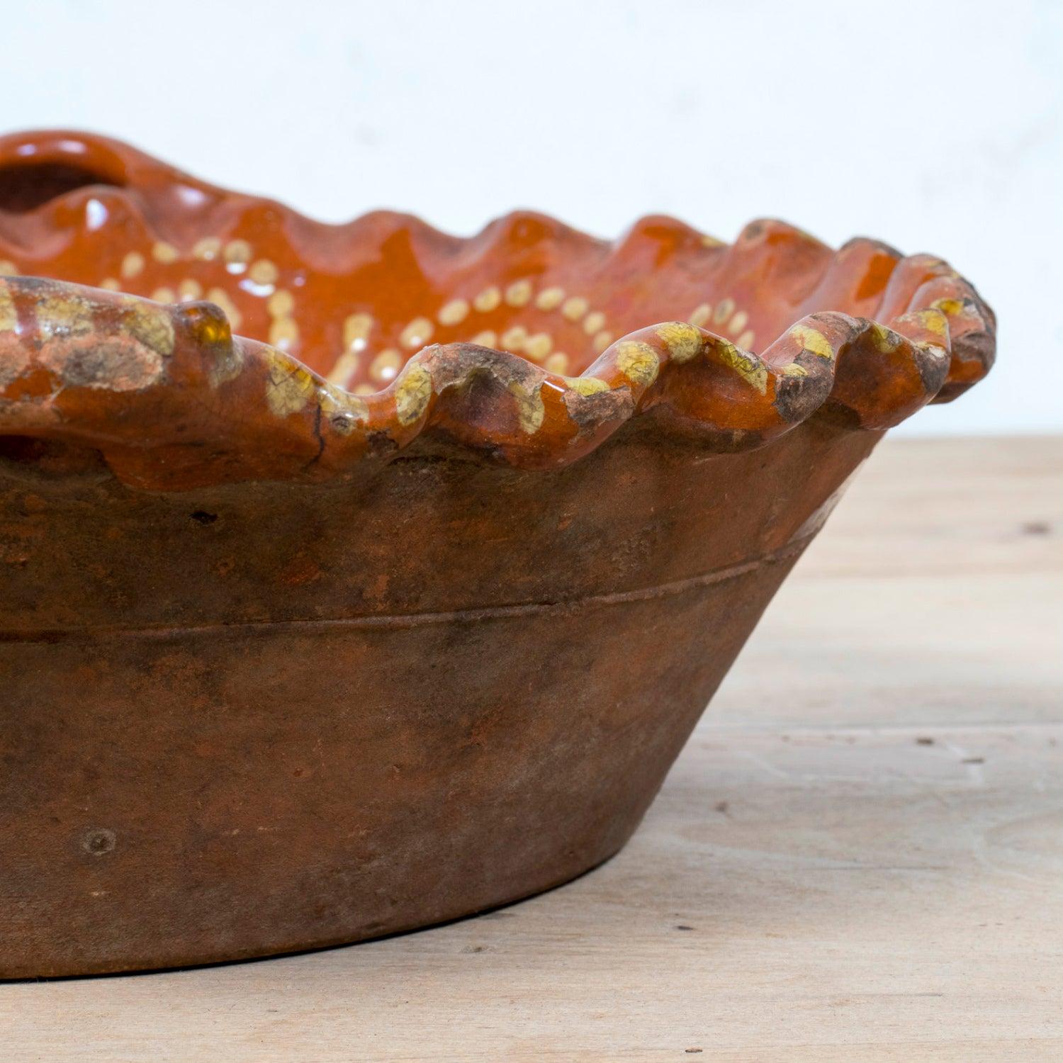 19th Century Portuguese Red Slipware Bowl with Fish Motif and Ruffled Rim For Sale 8