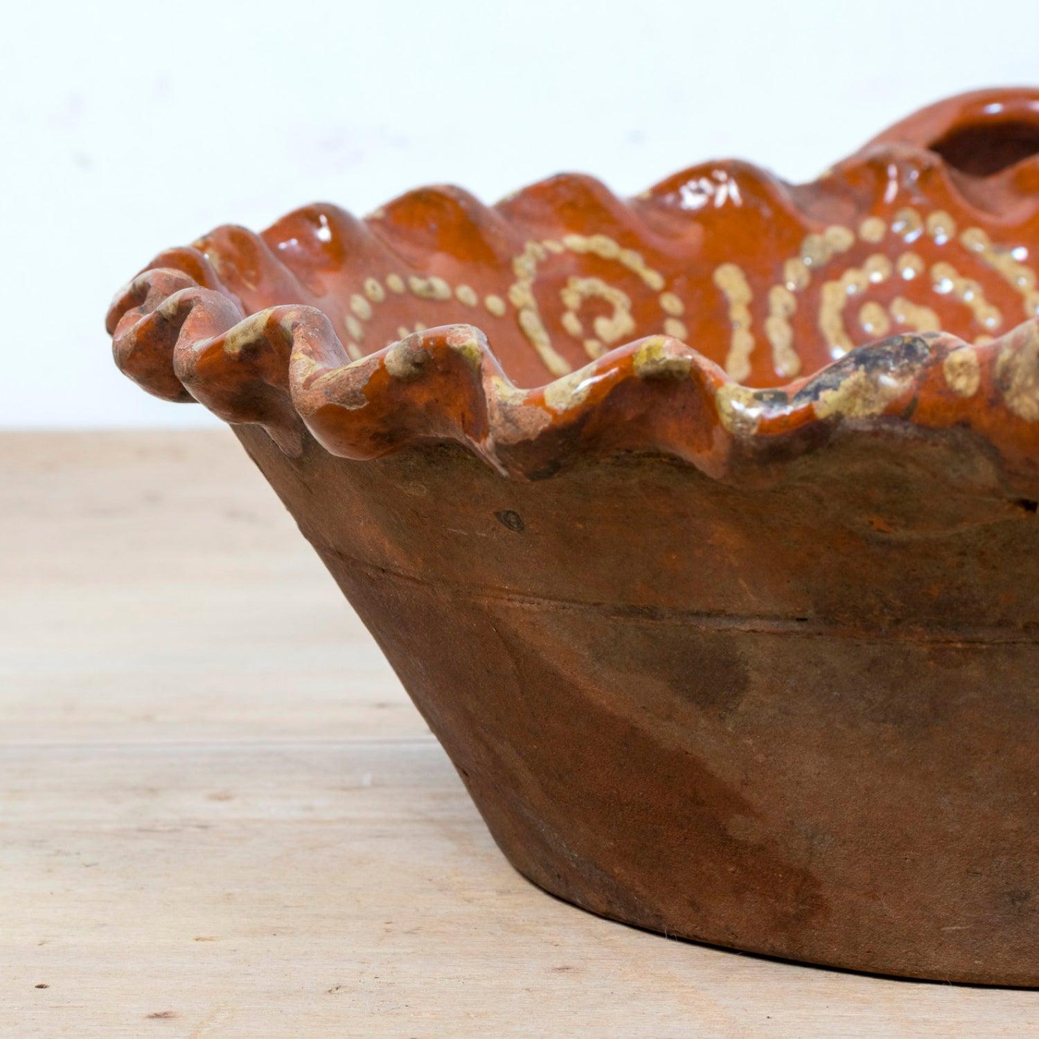 19th Century Portuguese Red Slipware Bowl with Fish Motif and Ruffled Rim For Sale 9