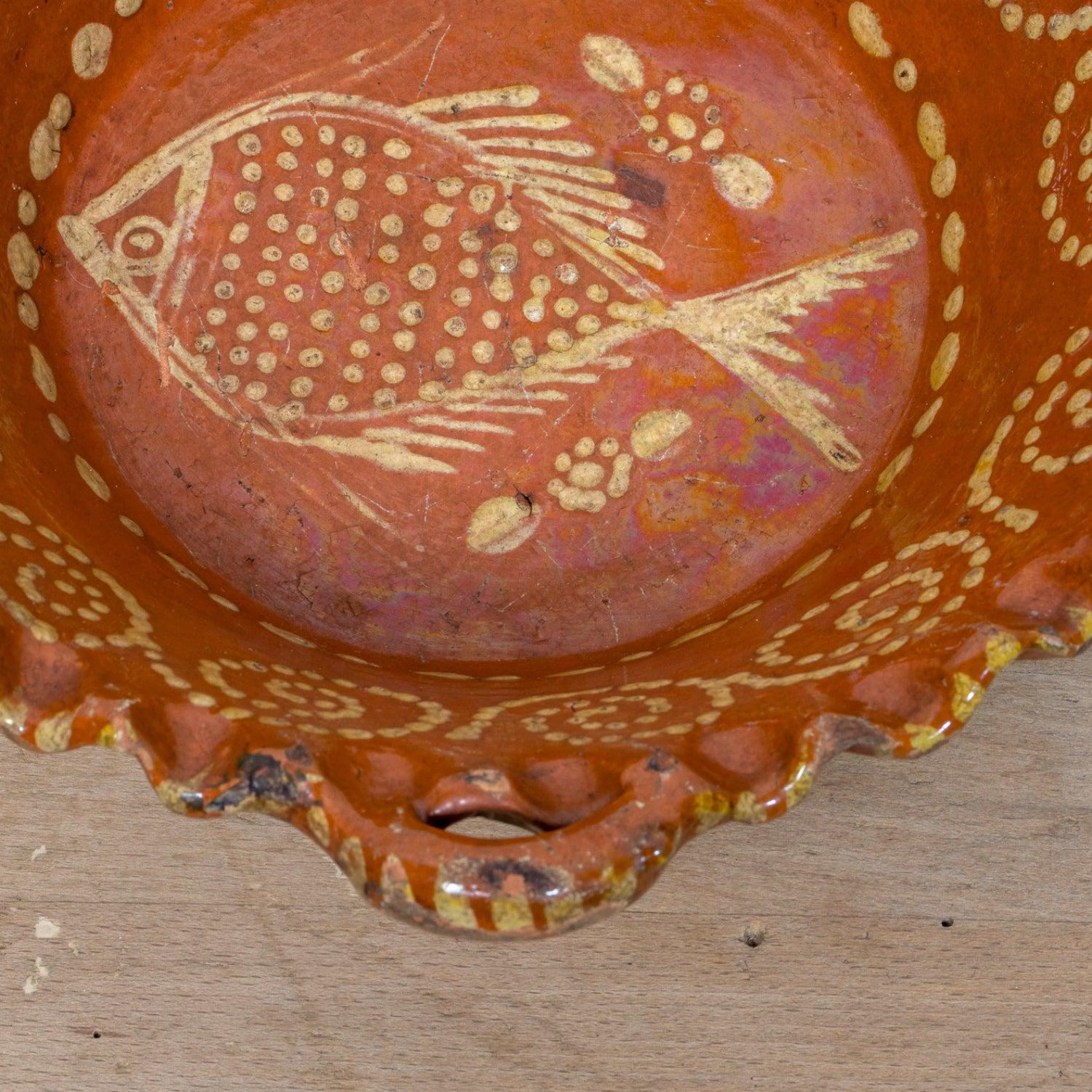 19th Century Portuguese Red Slipware Bowl with Fish Motif and Ruffled Rim For Sale 1