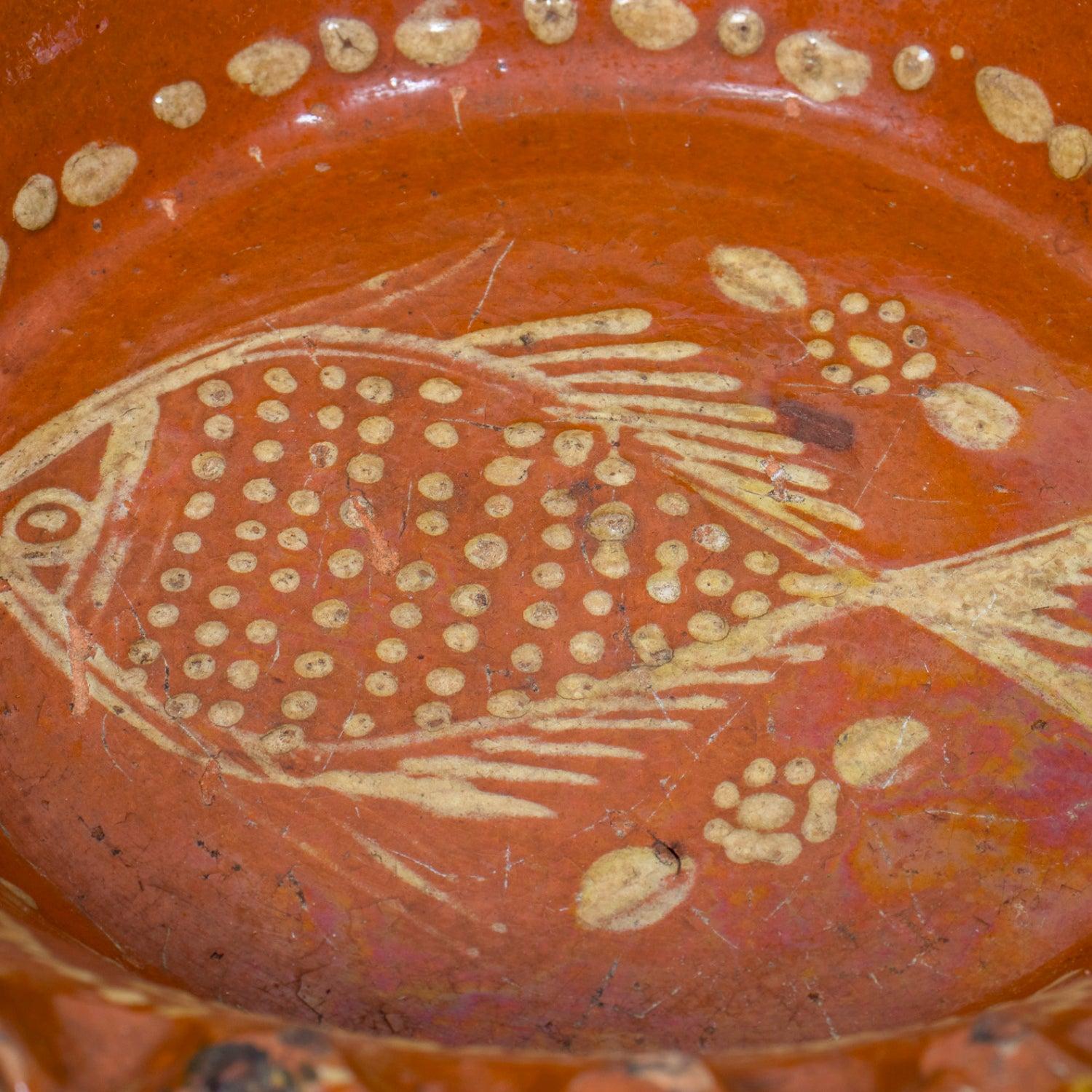 19th Century Portuguese Red Slipware Bowl with Fish Motif and Ruffled Rim For Sale 2