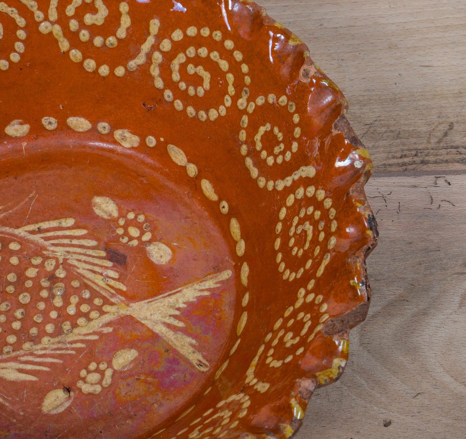 19th Century Portuguese Red Slipware Bowl with Fish Motif and Ruffled Rim For Sale 4