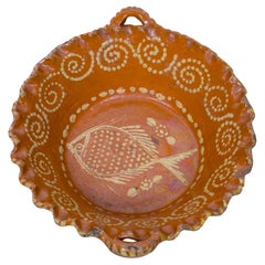 19th Century Portuguese Red Slipware Bowl with Fish Motif and Ruffled Rim
