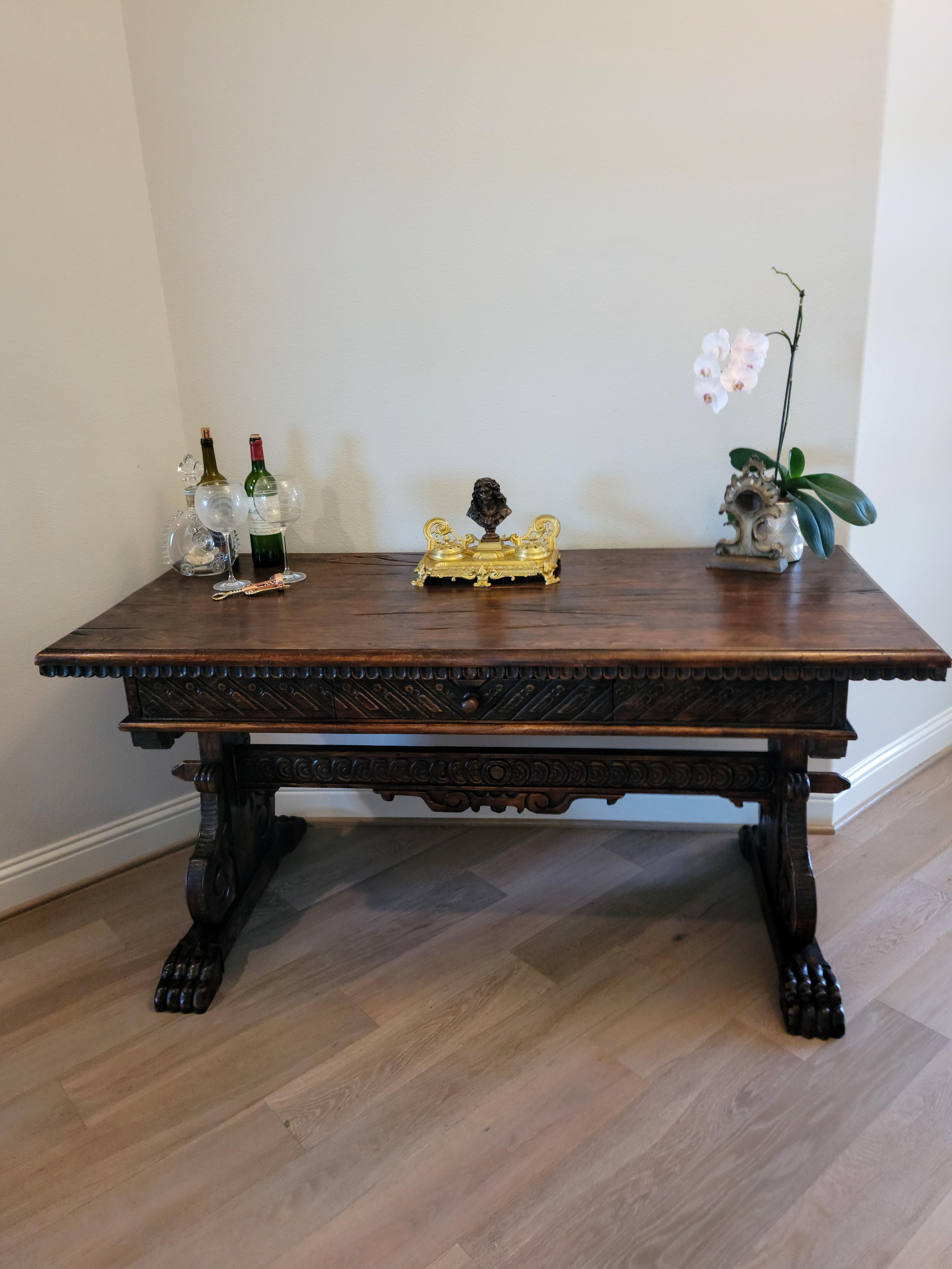 Hand-Crafted 19th Century Portuguese Renaissance Revival Trestle Table For Sale