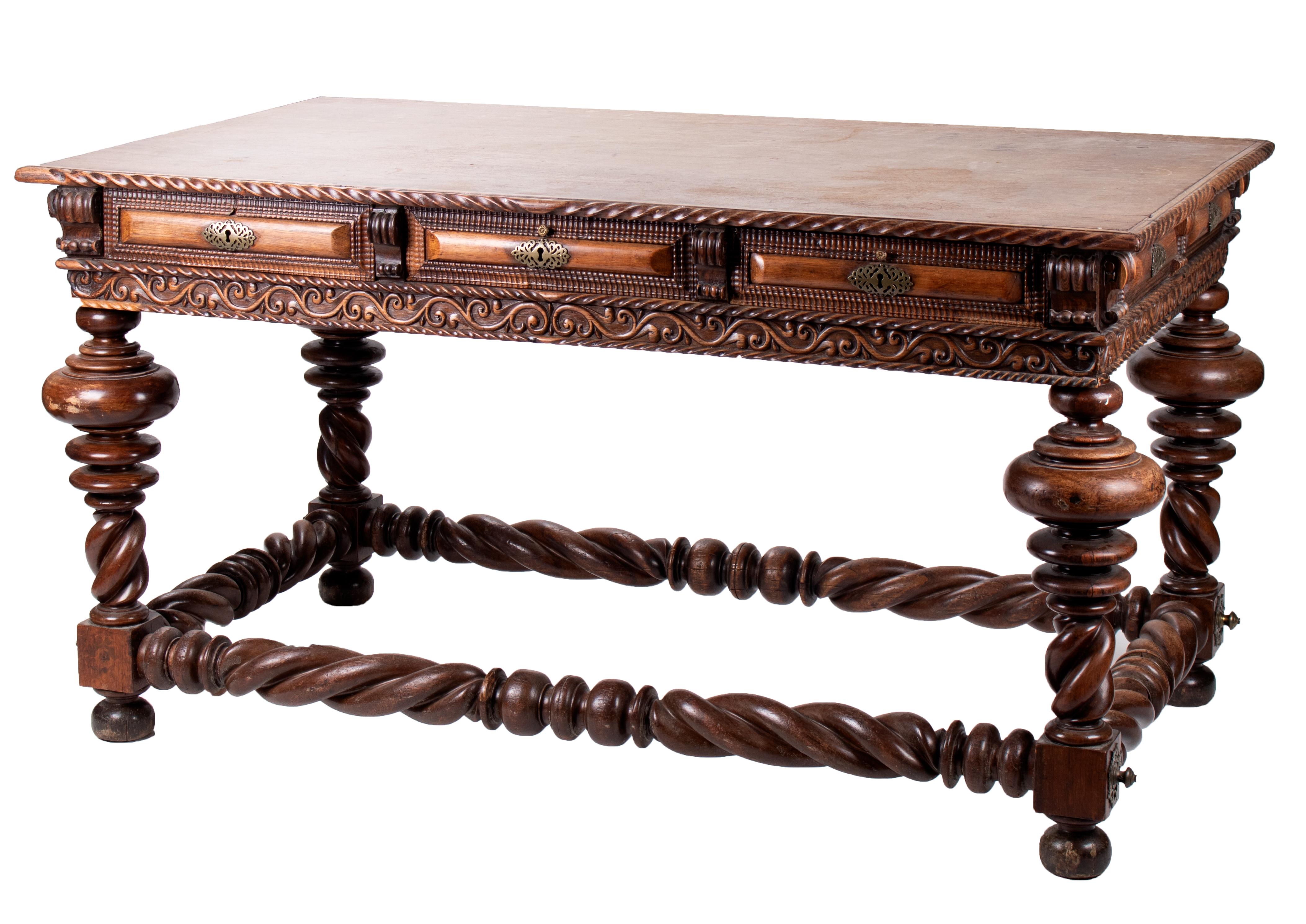 19th century Portuguese rosewood office desk with brass fittings.