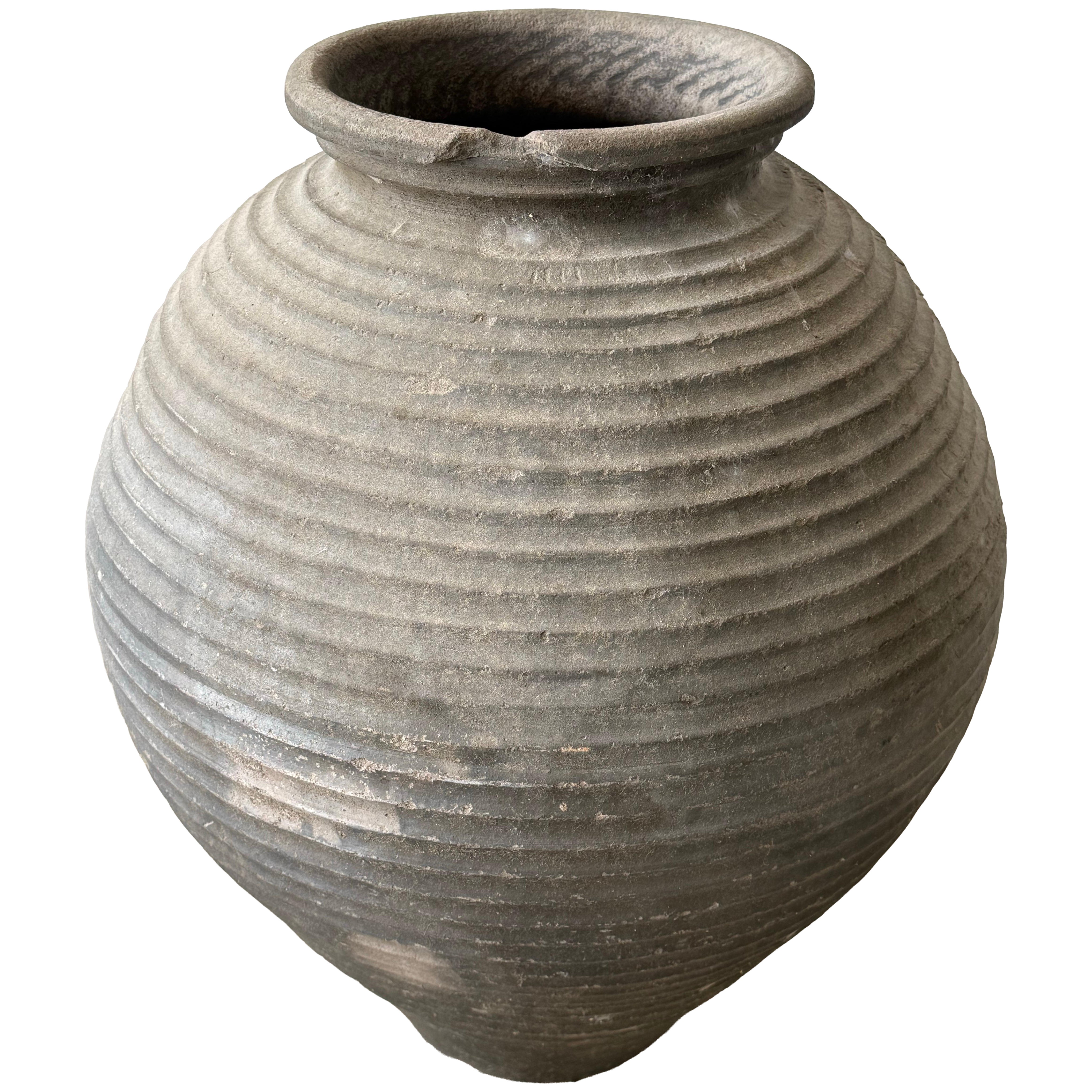 19th Century Portuguese Turned Matte Earthenware Black Jar For Sale