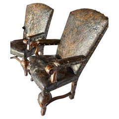 19th Century Portuguese Walnut and Leather Armchairs - a Pair