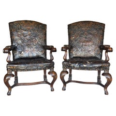 19th Century Portuguese Walnut and Leather Armchairs - a Pair
