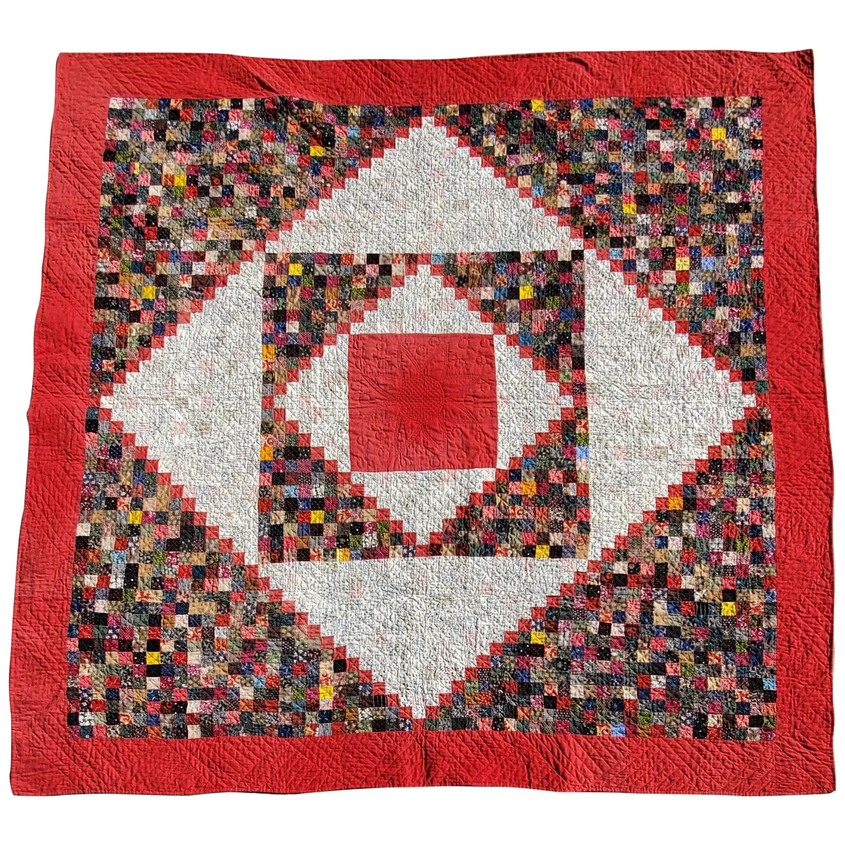 19th Century Postage Stamp Saw Tooth Diamond Quilt For Sale
