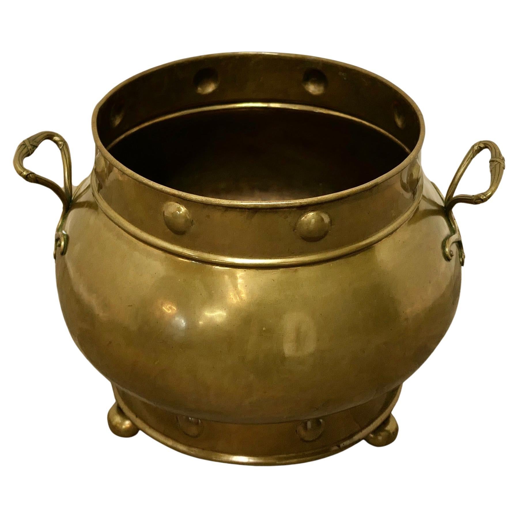 19th Century Pot Belly Brass Coal Bucket on Feet For Sale