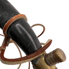 19th Century Powder Horn Flask with Brass Fittings and Leather Strap