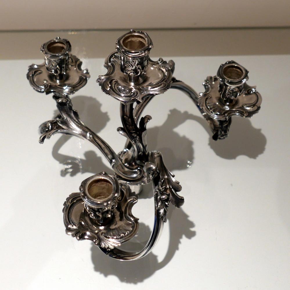 19th Century Pair of Antique Four-Light Cast Silverplate Candelabra, circa 1865 For Sale 3